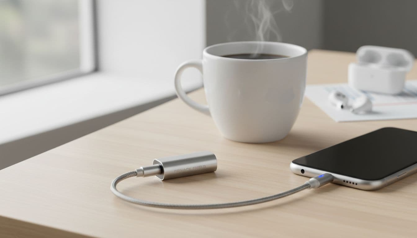 A small, sleek USB data blocker attached to a phone charging cable, emphasizing its small size and protective function. The background is a clean, modern table next to a cup of coffee. The lighting is bright and informative.