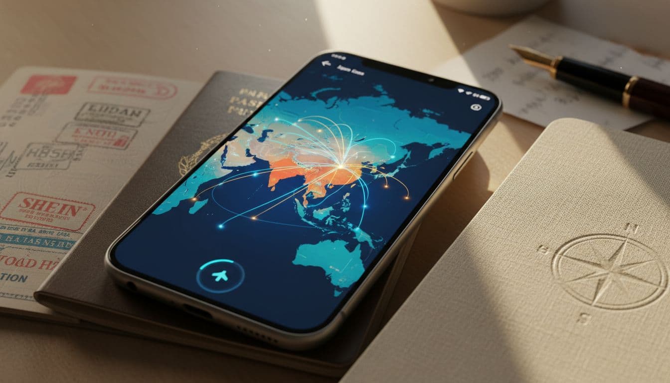 Close-up of a modern smartphone showing a vibrant stylized map of East and Southeast Asia with glowing connections, resting on a worn passport and linen notebook in warm golden light, evoking travel anticipation.