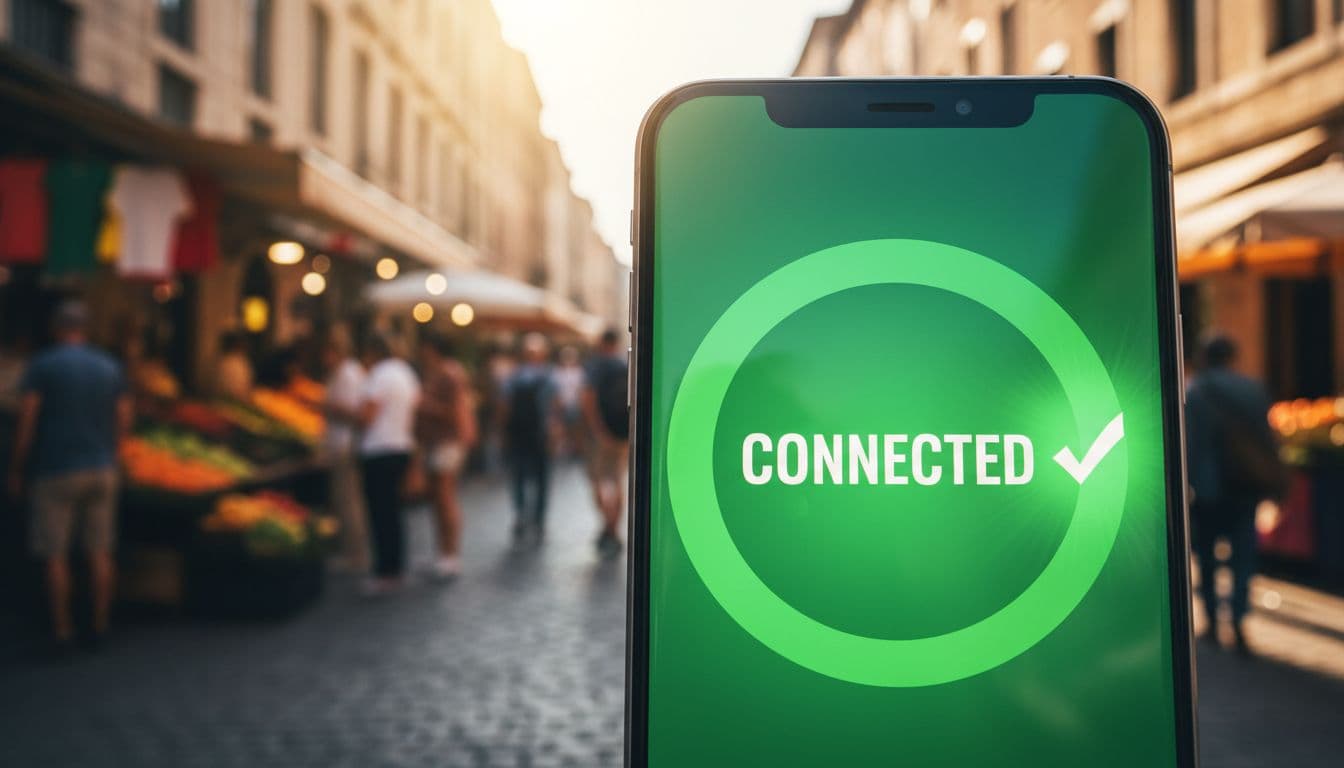 Close-up of a smartphone screen showing a large 'CONNECTED' notification with checkmark against a blurred, vibrant European cobblestone street or sunny market background, highlighting immediate connection success.