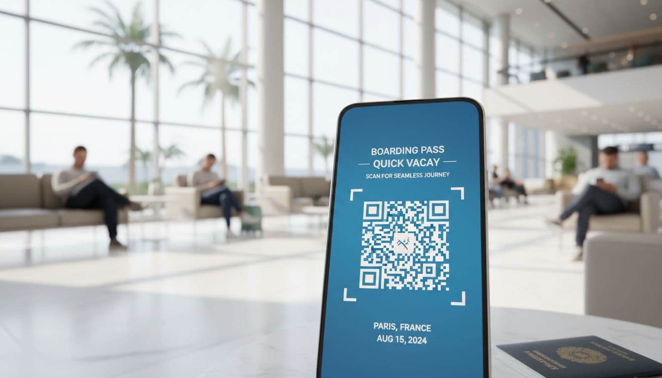 A close up shot of a modern smartphone screen displaying a digital travel plan QR code against a blurred background of a bright, sunny international airport lounge, emphasizing quick, paperless setup for a short vacation. The mood is calm and efficient.