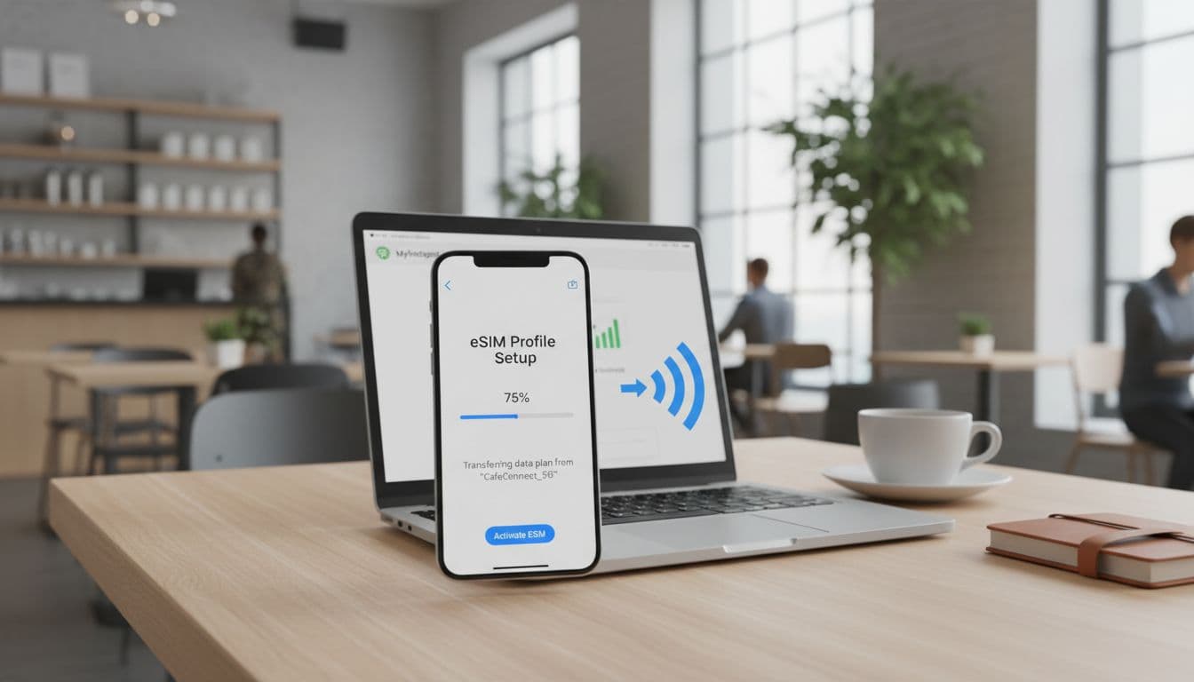 A close-up shot of a modern smartphone displaying a simplified eSIM profile setup screen, with a laptop open beside it, suggesting the sharing of a mobile internet connection via hotspot in a bright, modern cafe setting. The mood is productive and efficient.