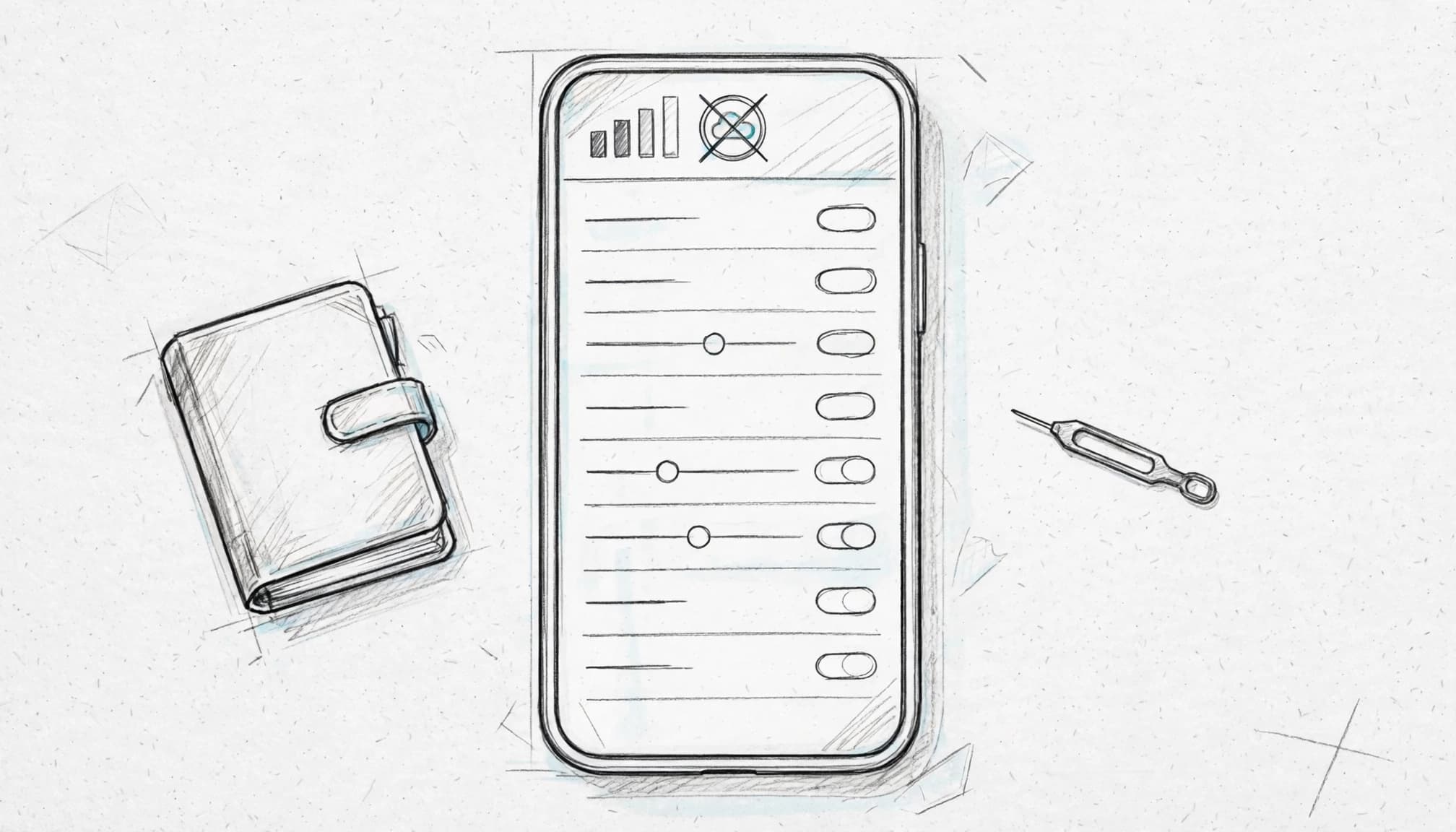 A smartphone with signal bars beside a travel notebook and SIM tool.