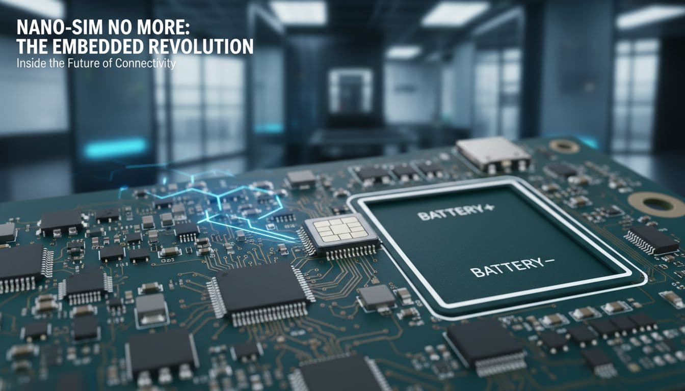 A close-up shot of a smartphone motherboard revealing a tiny, integrated eSIM chip next to a larger section representing battery space, against a clean, modern background, conveying advanced technology and miniaturization.