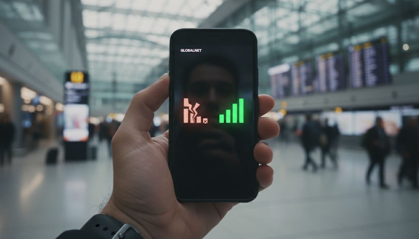 Close-up dramatic shot of a hand-held modern smartphone displaying fragmented signal bar failing over to a strong stable one, set against a busy international airport terminal background evoking travel preparedness and relief.