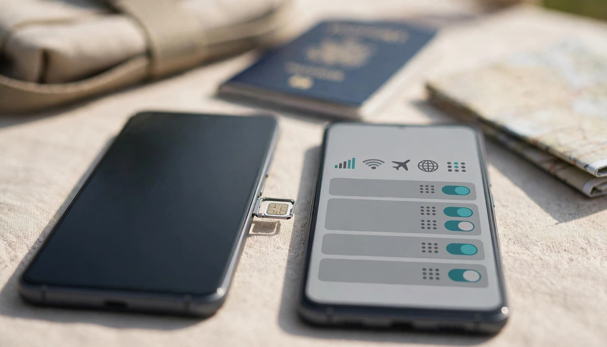 Two smartphones sit beside a passport and folded map, showing a SIM tray and cellular settings.
