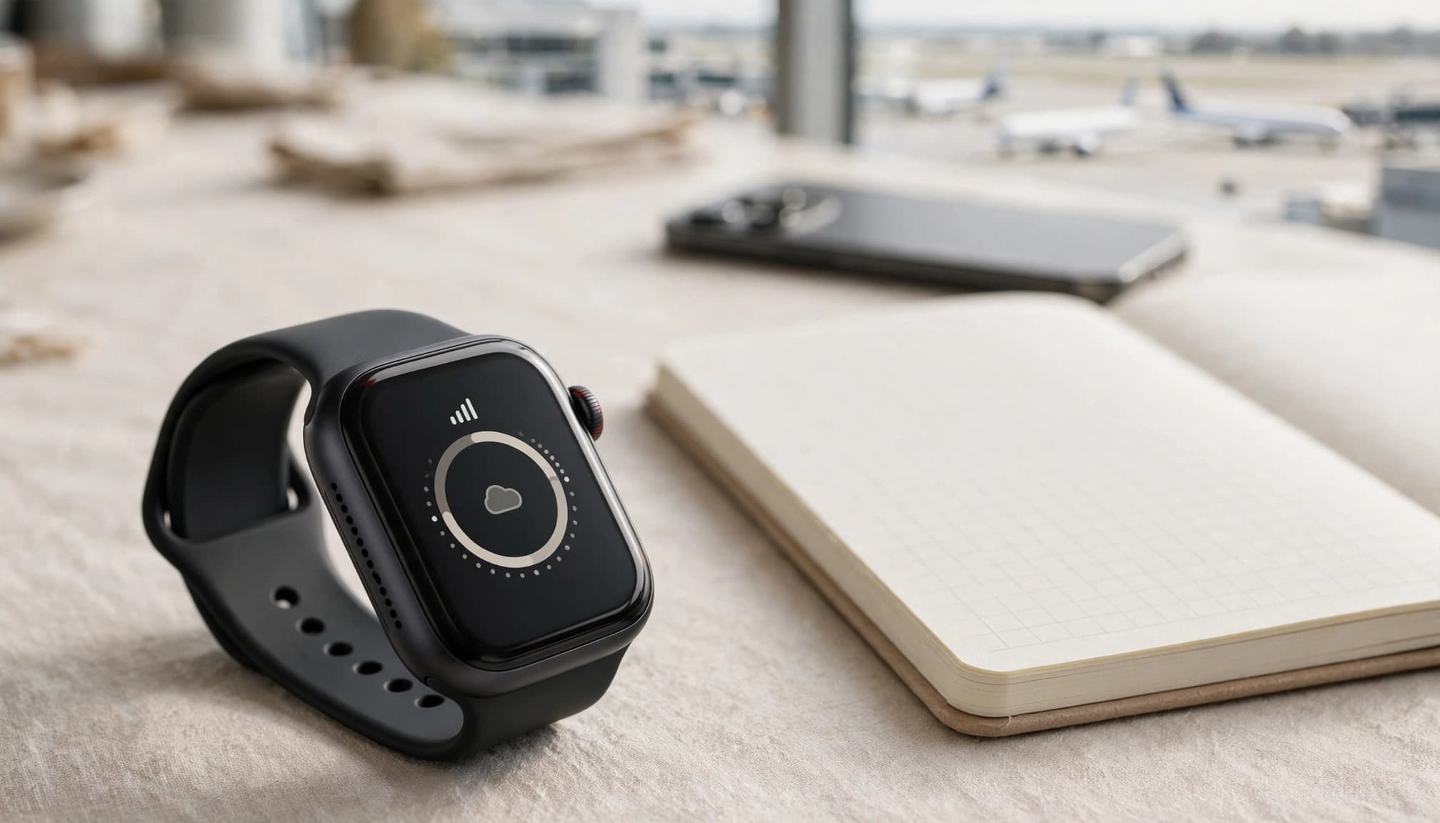 A smartwatch and phone sit beside a blank grid notebook at an airport cafe.