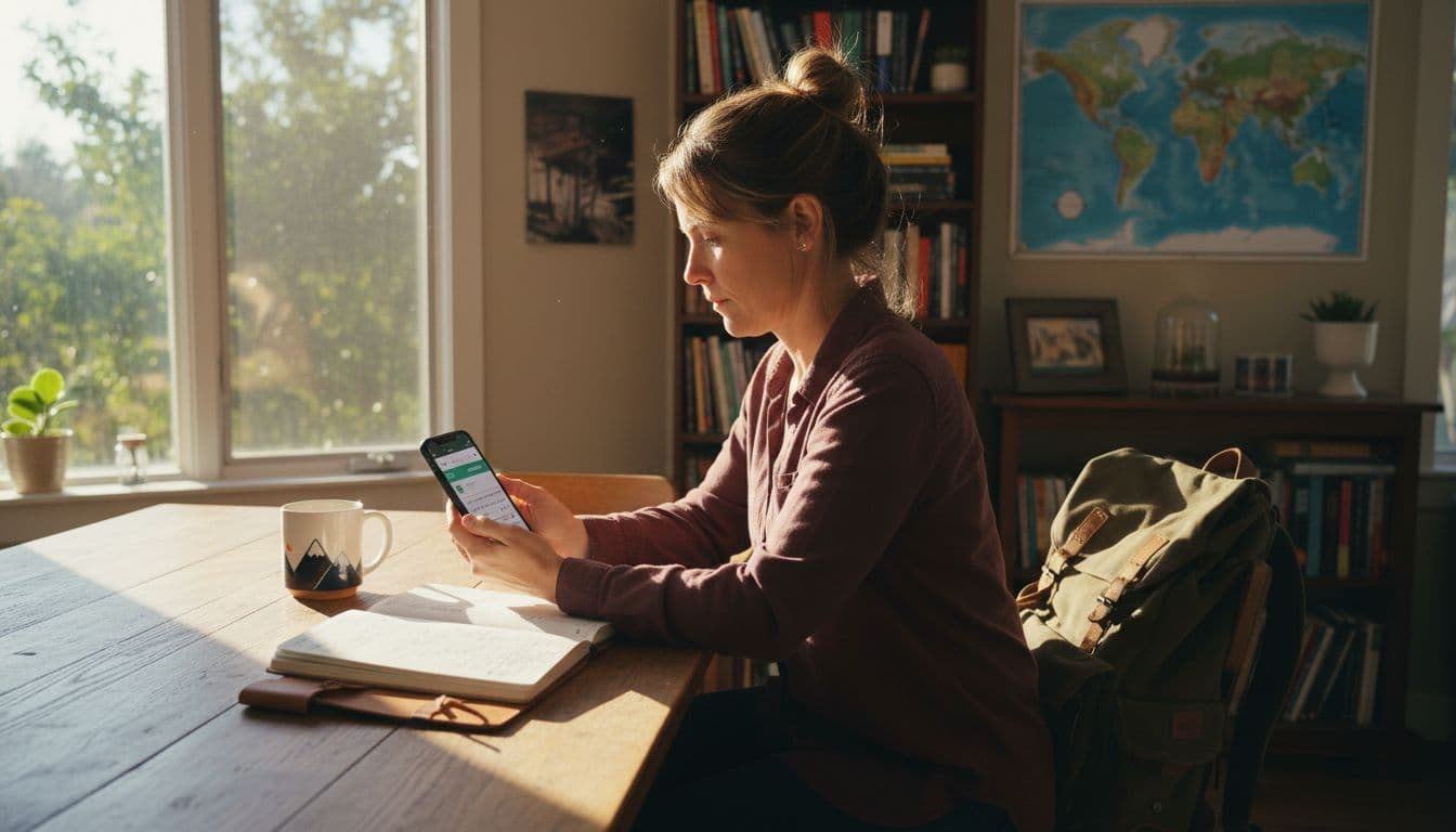 A mid-30s solo traveler sits at a wooden kitchen table in a bright home office, planning a road trip on an iPhone showing data usage and offline maps, with open notebook, coffee mug, and backpack nearby in warm morning sunlight.