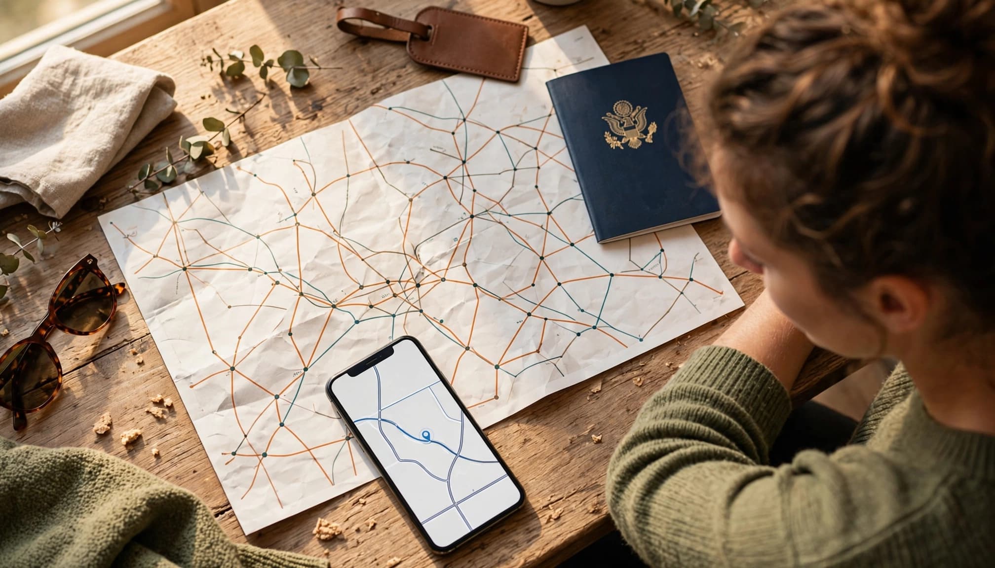 A traveler checks a smartphone beside a road map and passport.