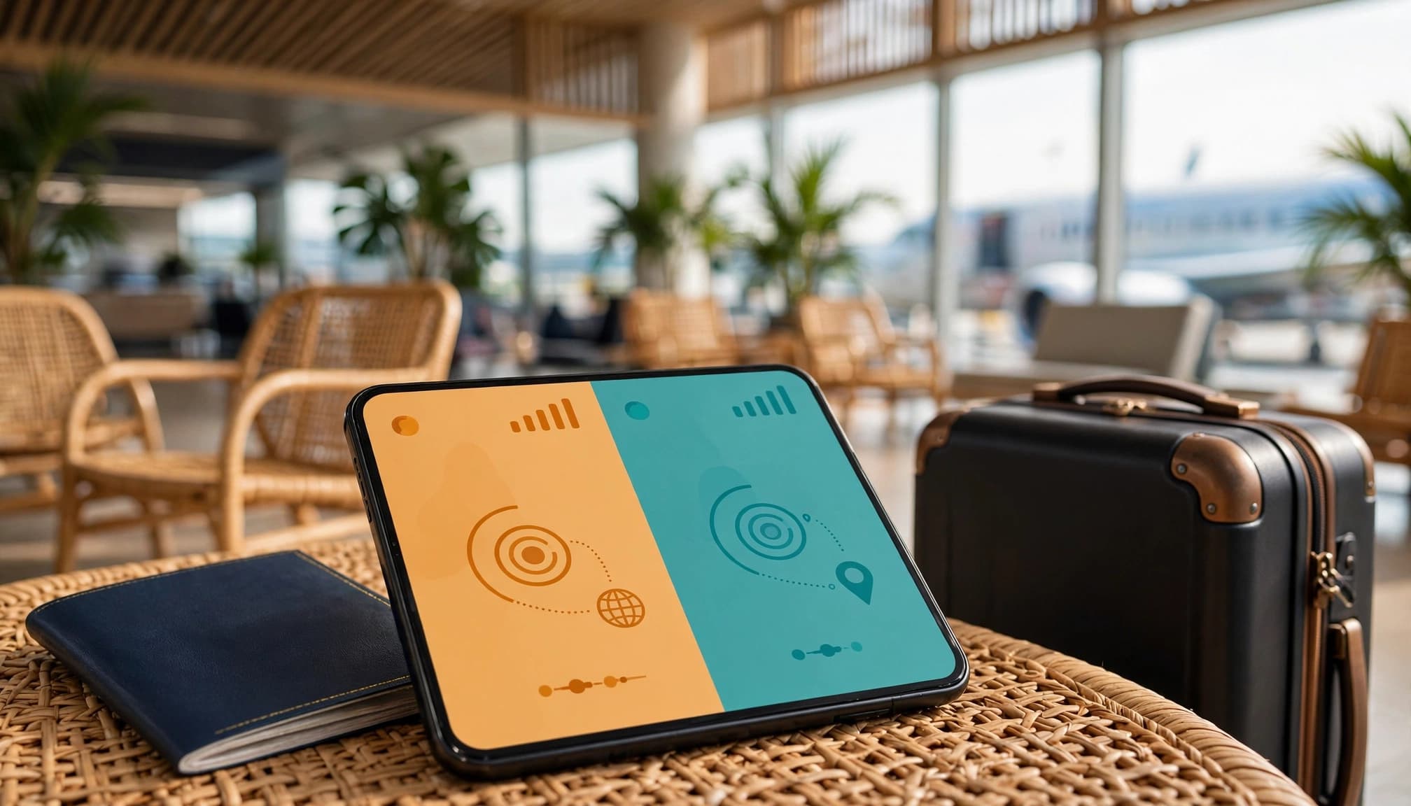 A smartphone, passport, and small suitcase sit in a bright airport lounge.