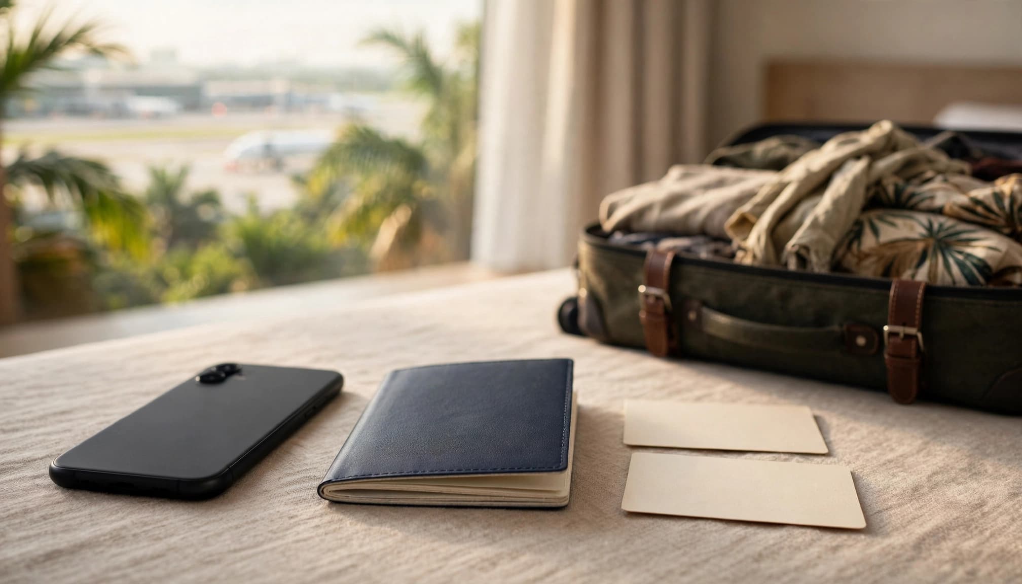 A smartphone, passport, and two itinerary cards sit beside a packed carry-on.