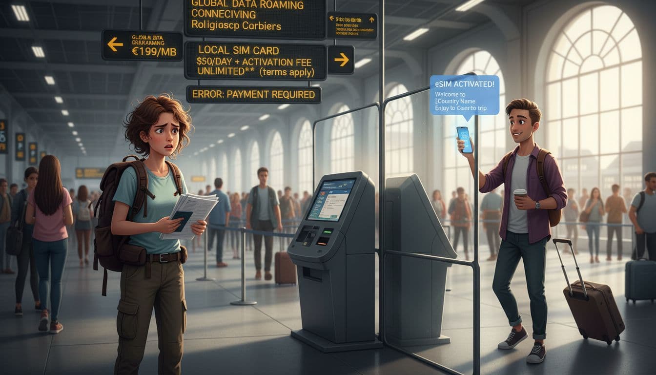 A stressed young traveler waits in a long airport queue at a kiosk with confusing prices, contrasted by a smiling traveler quickly activating an eSIM on their phone.