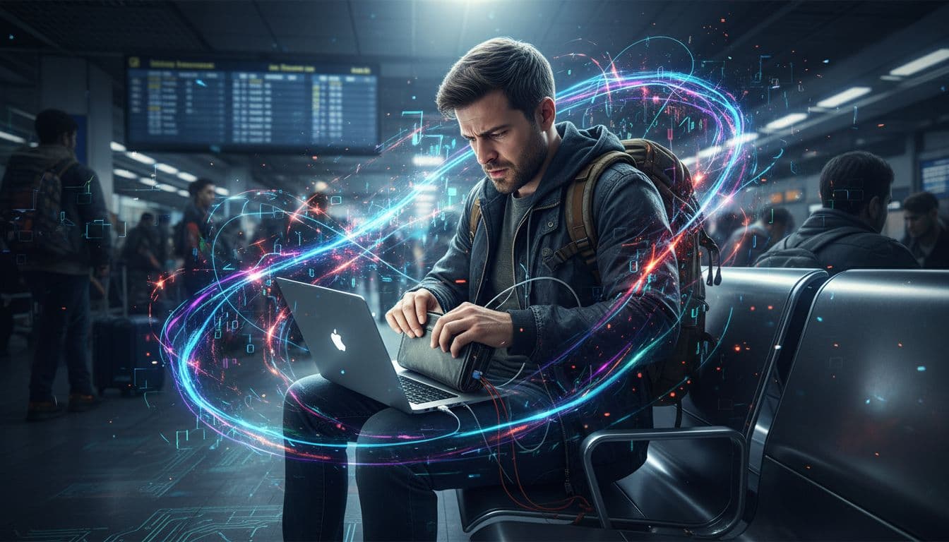 A traveler looking stressed while trying to secure their laptop and phone on a busy airport bench, with glowing lines representing data streams flowing dangerously around them, emphasizing the high stakes of digital security during travel.