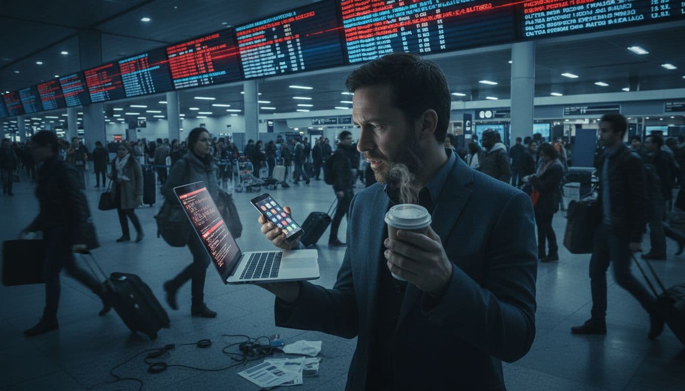 A traveler looking stressed while juggling a laptop, phone, and coffee in a chaotic, crowded international airport terminal, with flashing digital signs in the background, conveying a sense of urgent digital insecurity. Cinematic, high-contrast lighting.