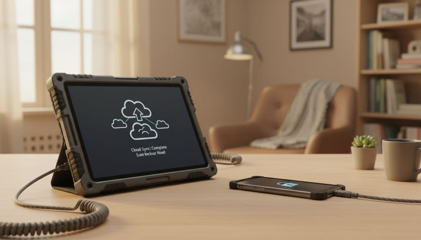 Close-up of a durable tablet and spare smartphone on a wooden desk, implying secure cloud backup in a warm home office.