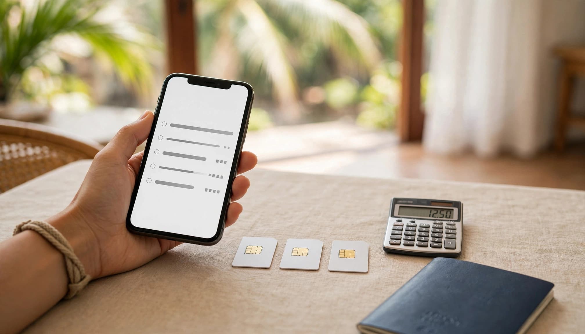 A traveler compares three SIM cards beside a phone, calculator, and passport.