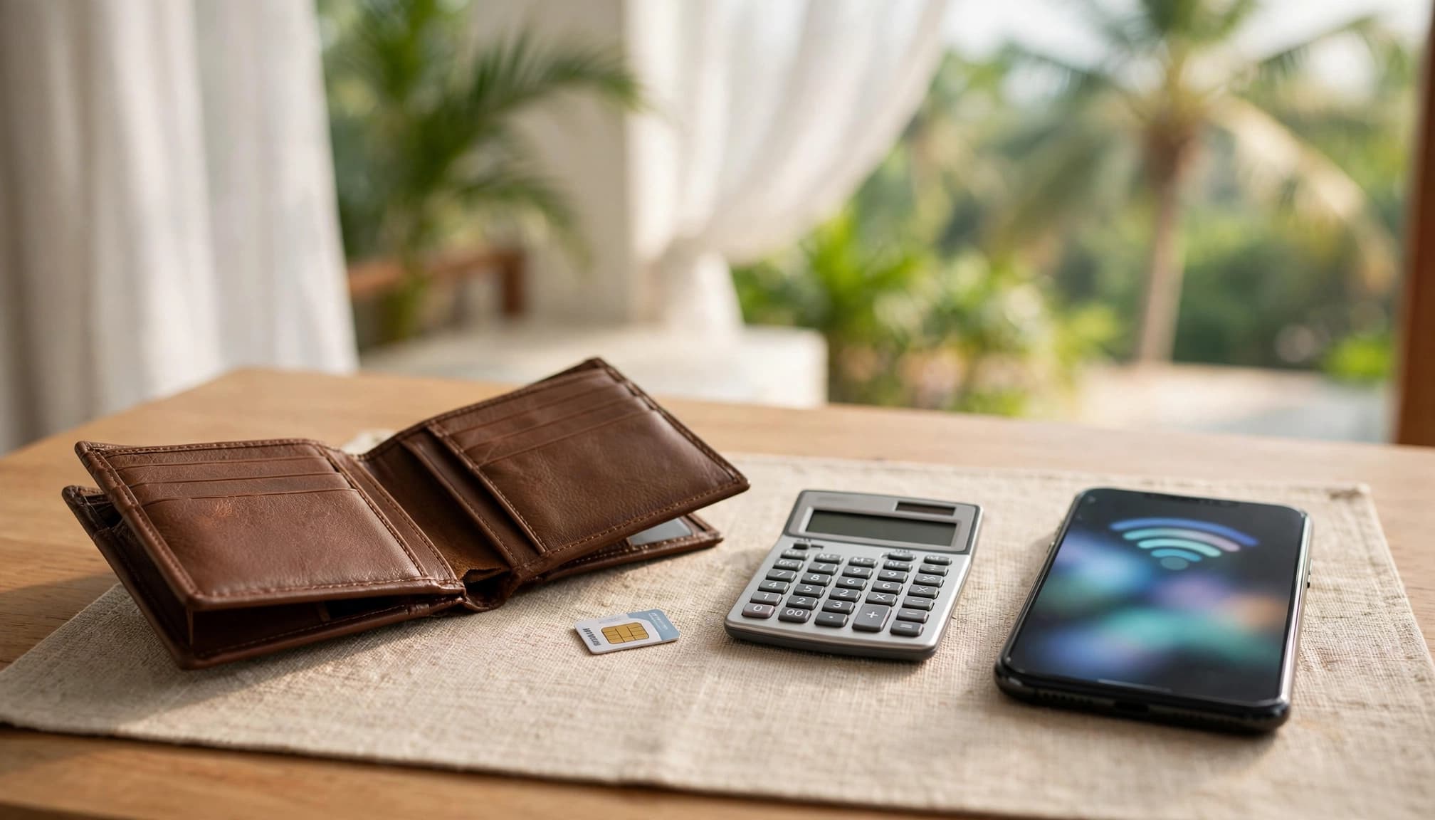 Open travel wallet with a Thai SIM card, smartphone, and calculator on a hotel table.