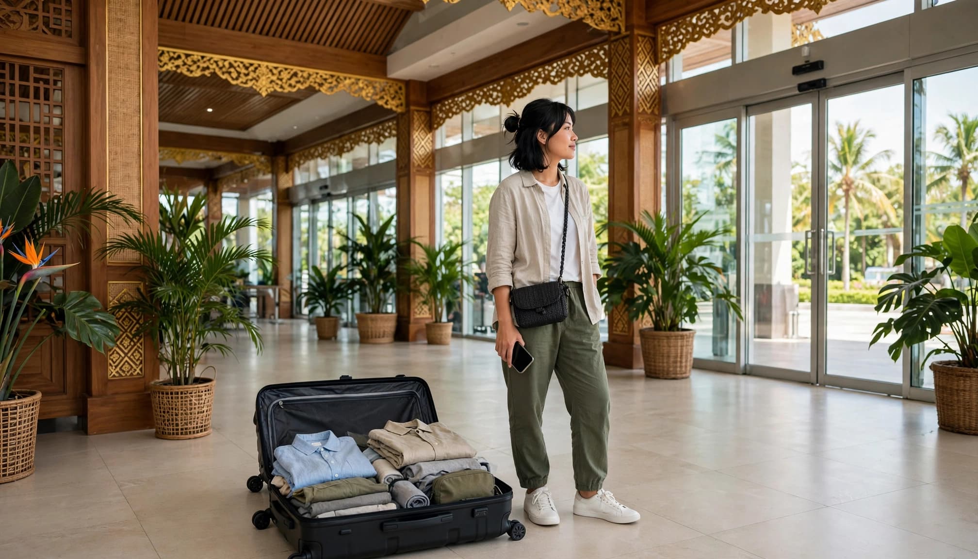 Traveler with an open suitcase and smartphone in a bright Thailand airport.