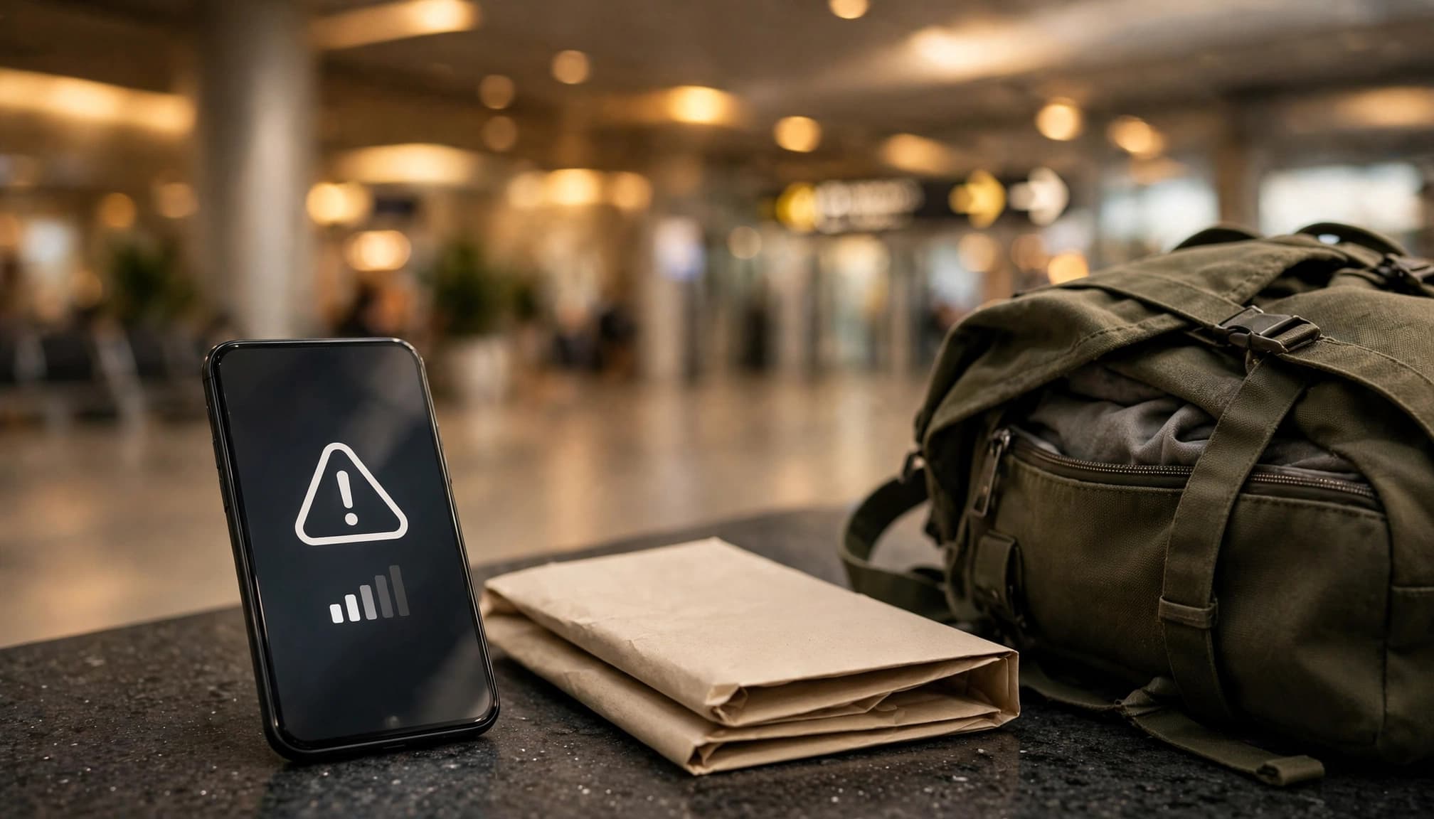 A smartphone with a low-data symbol beside a backpack and folded map in an airport.