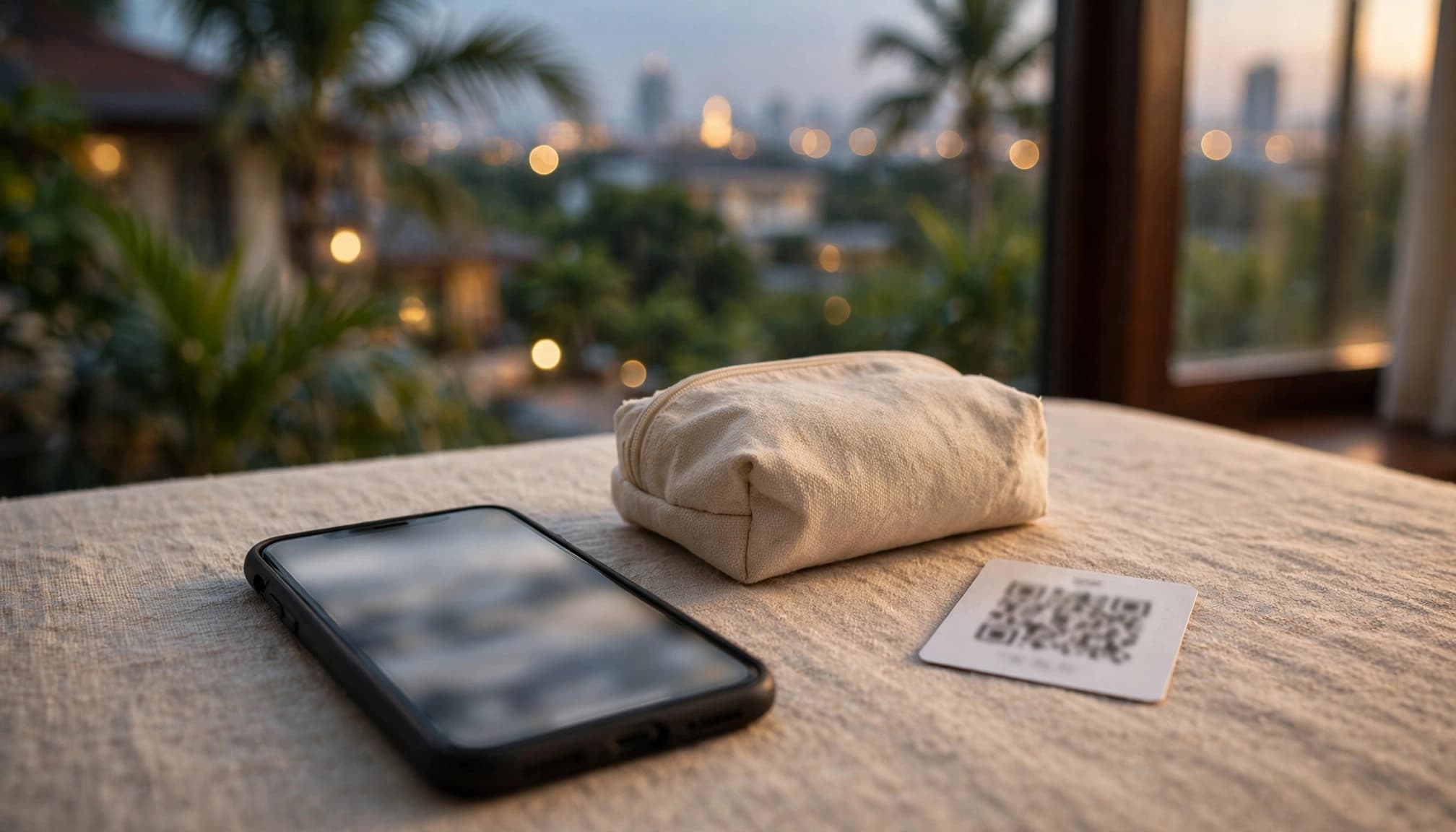A smartphone, travel pouch, and QR card sit in a softly lit hotel room.