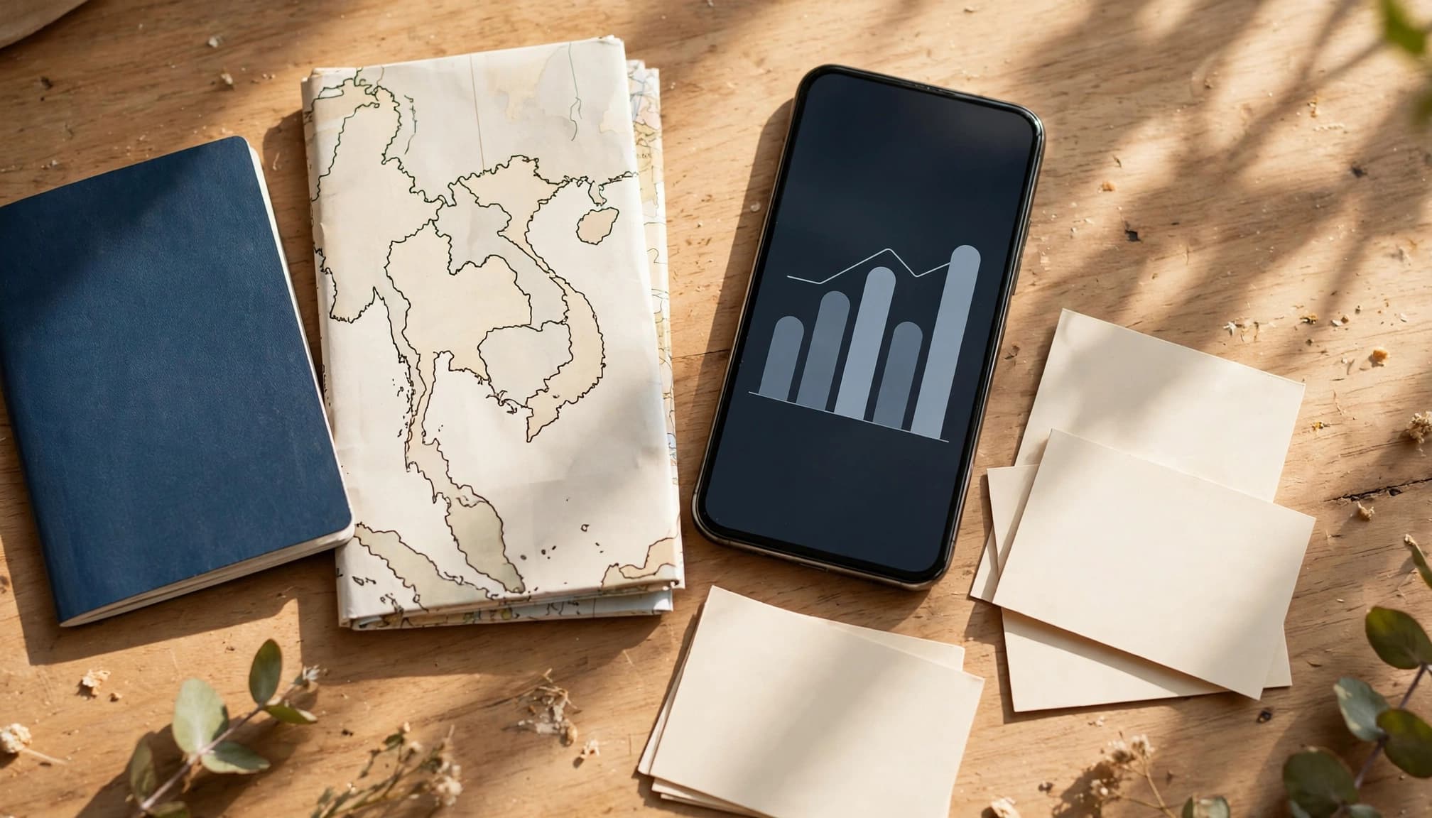 A smartphone, passport, map, and itinerary cards arranged on a sunny cafe table.