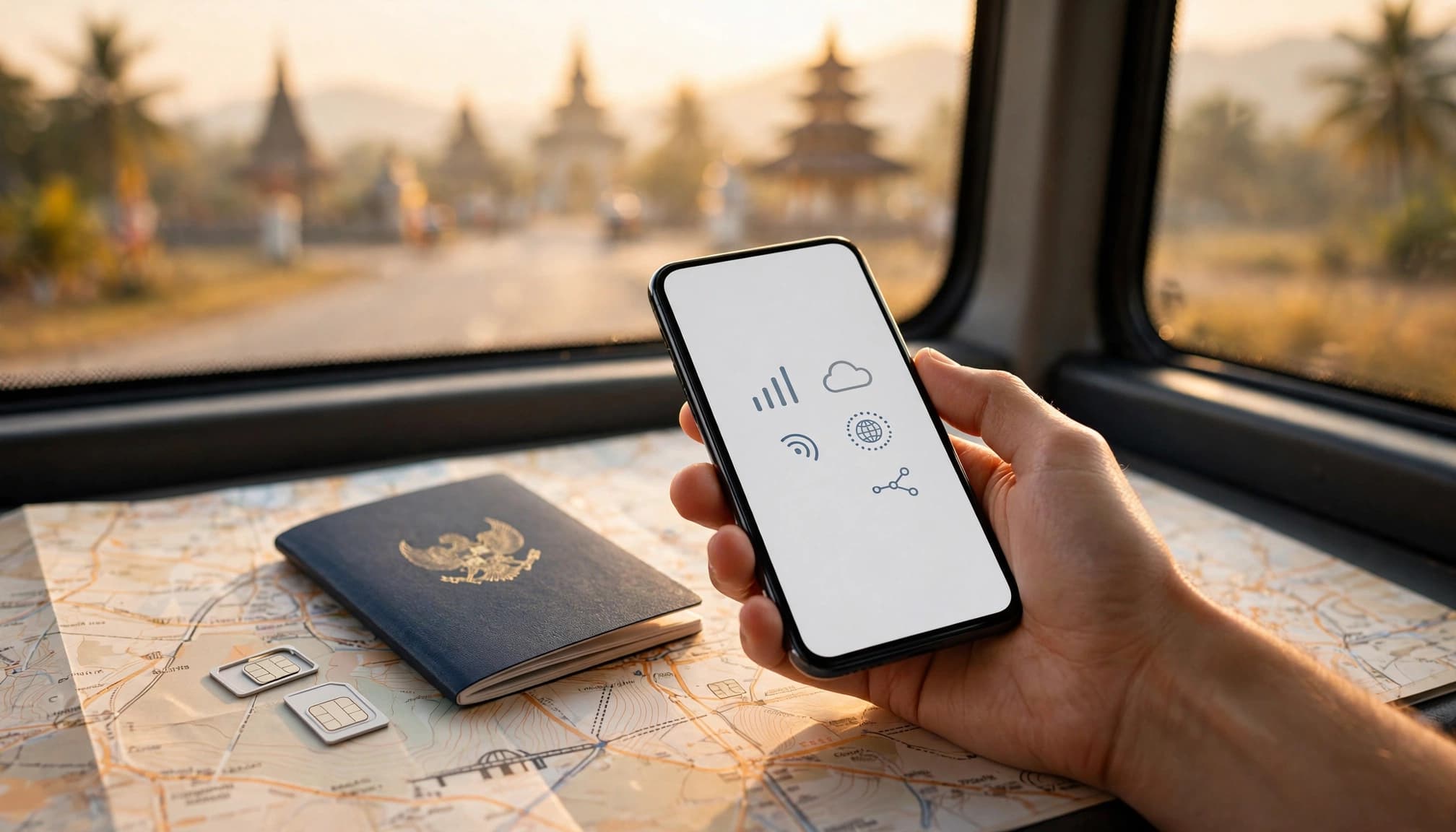 A hand holds a phone beside a passport and two SIM card trays near a bus window.