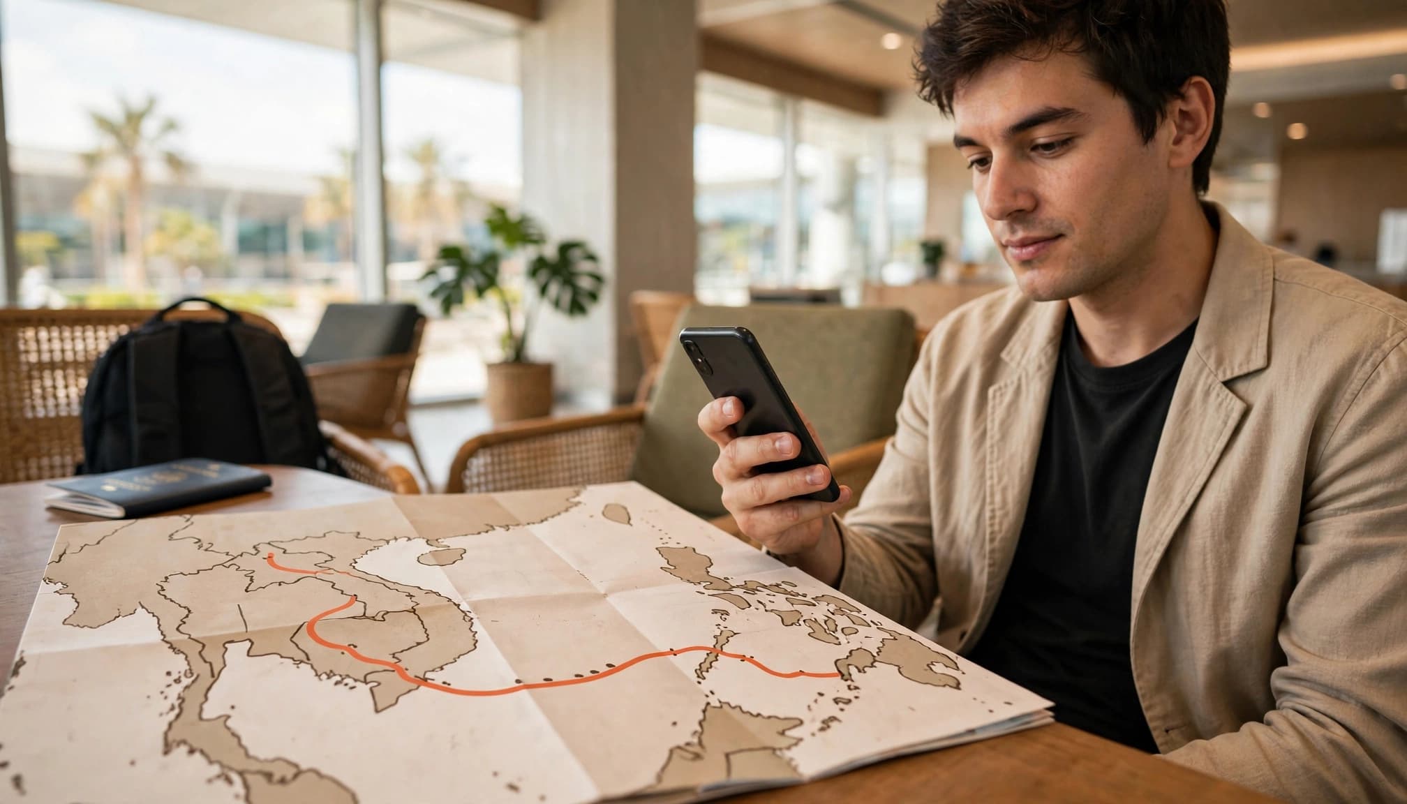 Traveler holding a phone beside a Thailand and Cambodia route map in an airport lounge.