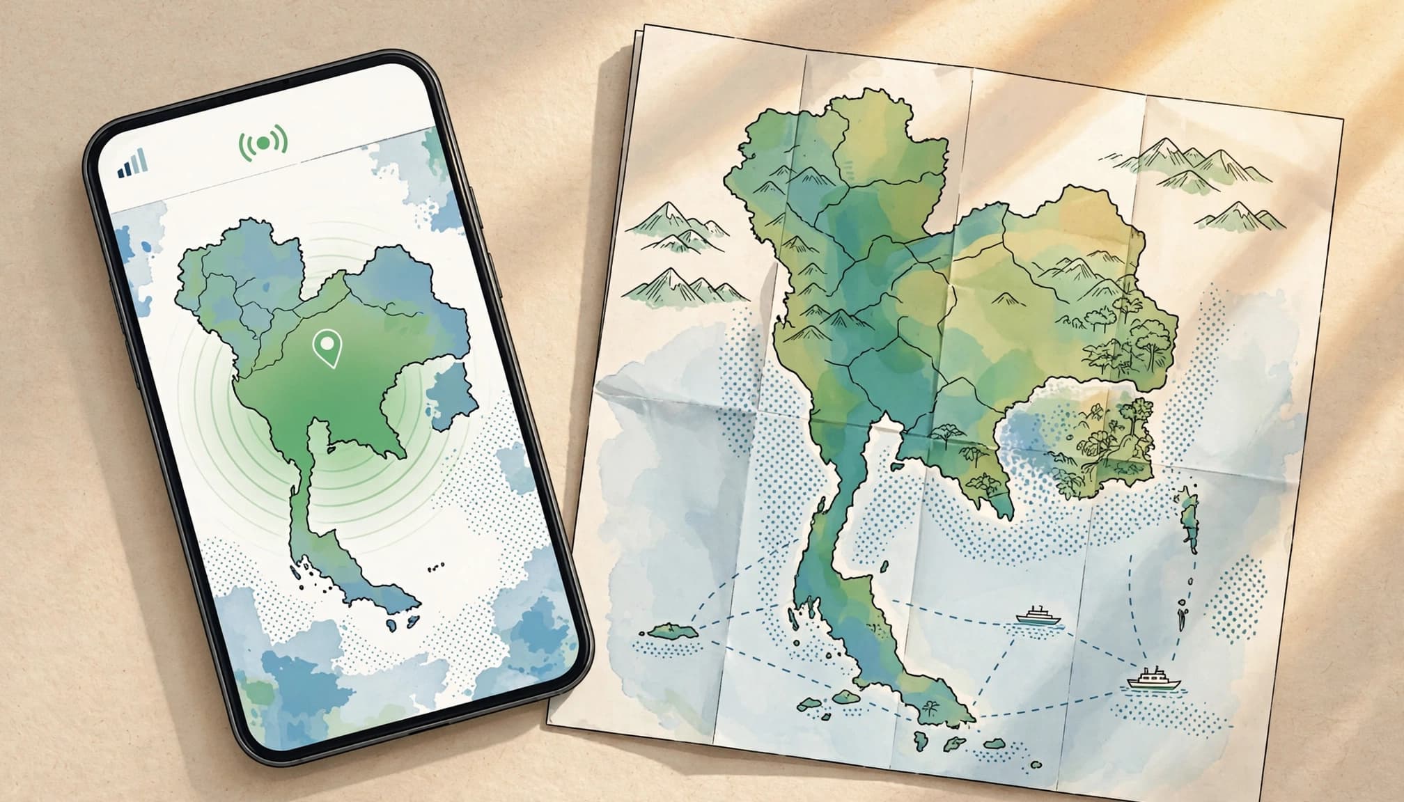 A smartphone beside a Thailand map showing strong mainland coverage and weaker offshore areas.