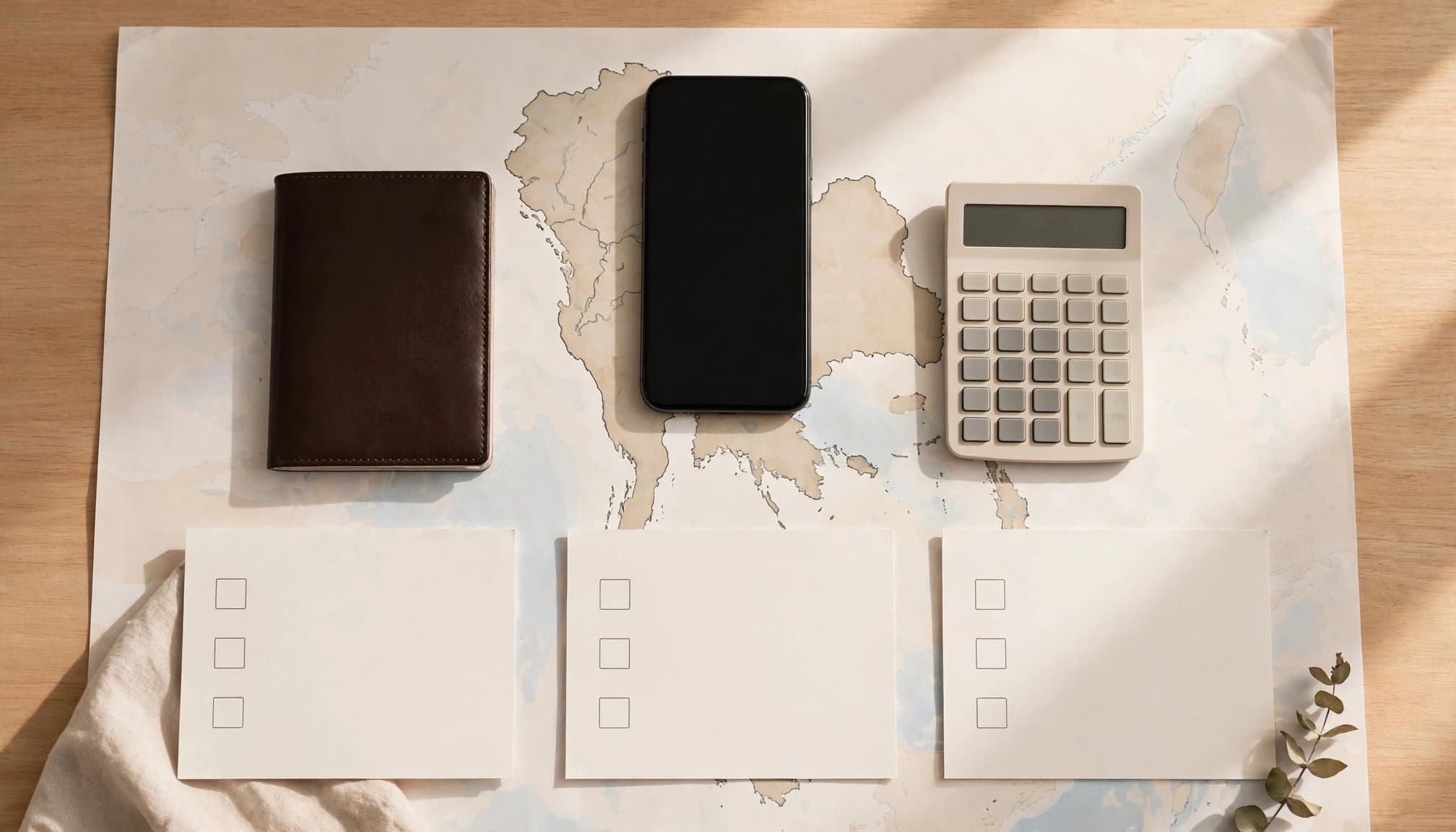 Thailand travel checklist with a smartphone, passport, calculator, and blank comparison cards.