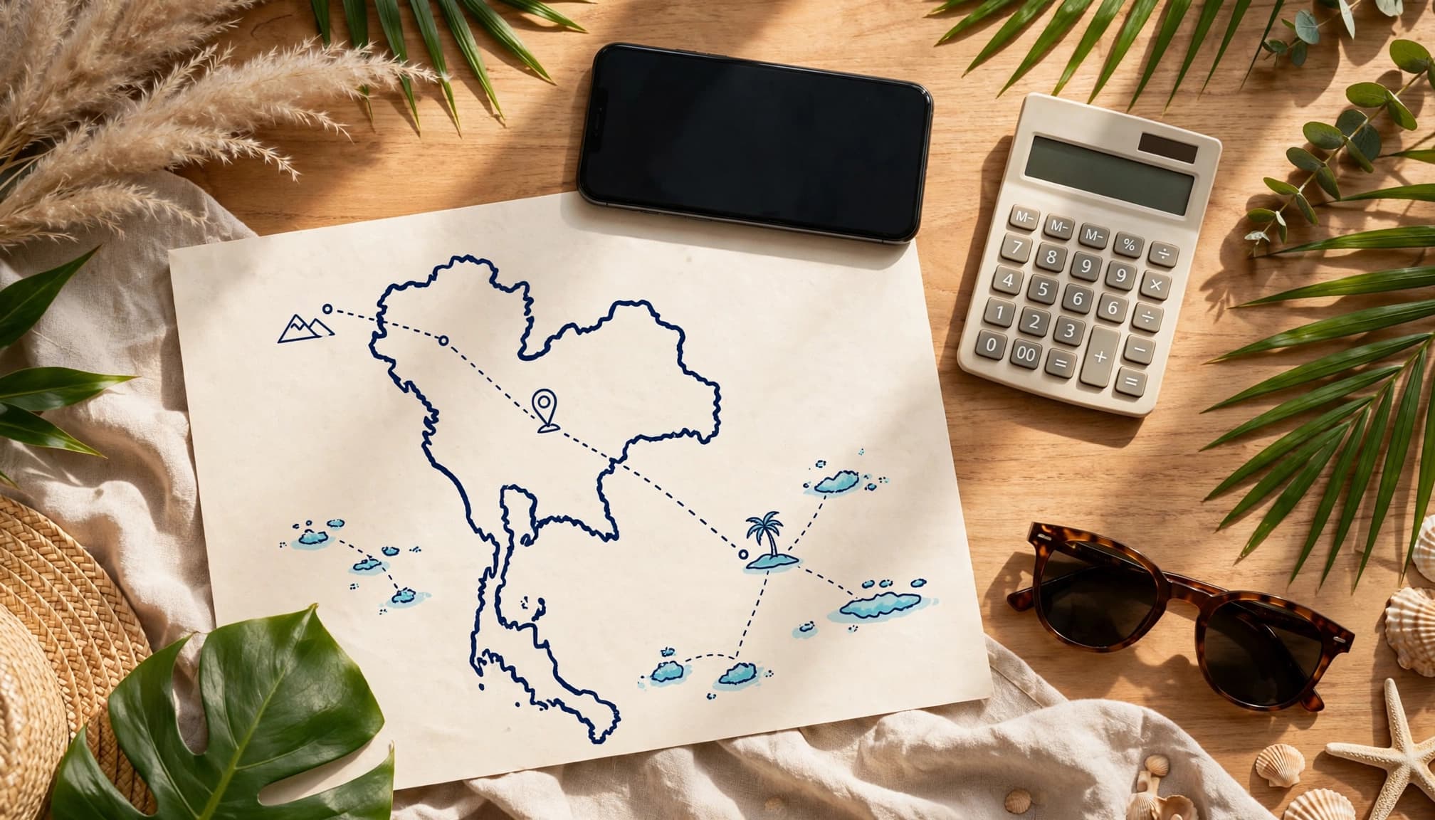 Thailand route map beside a smartphone and calculator on a sunny hotel table.