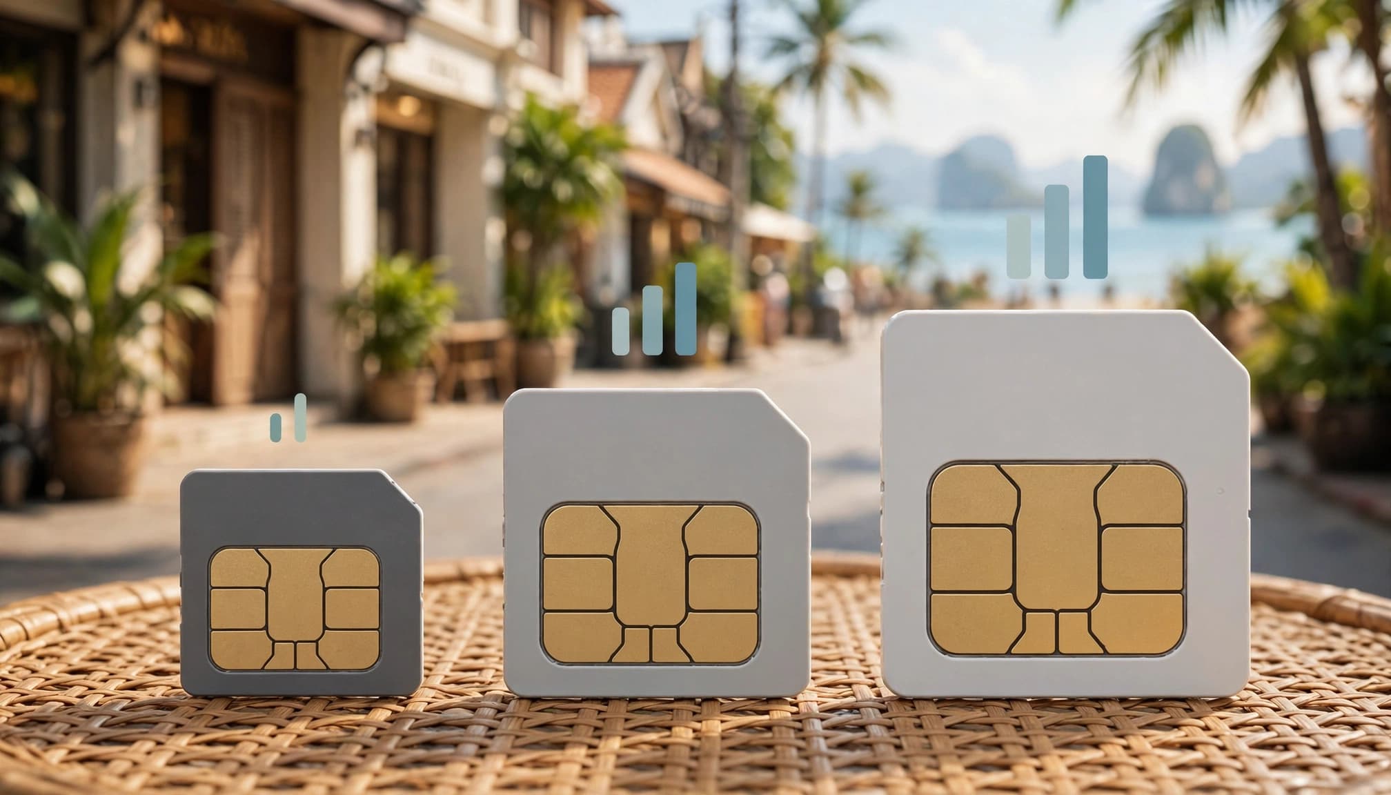Three SIM cards of increasing size in a tropical Thailand travel setting.