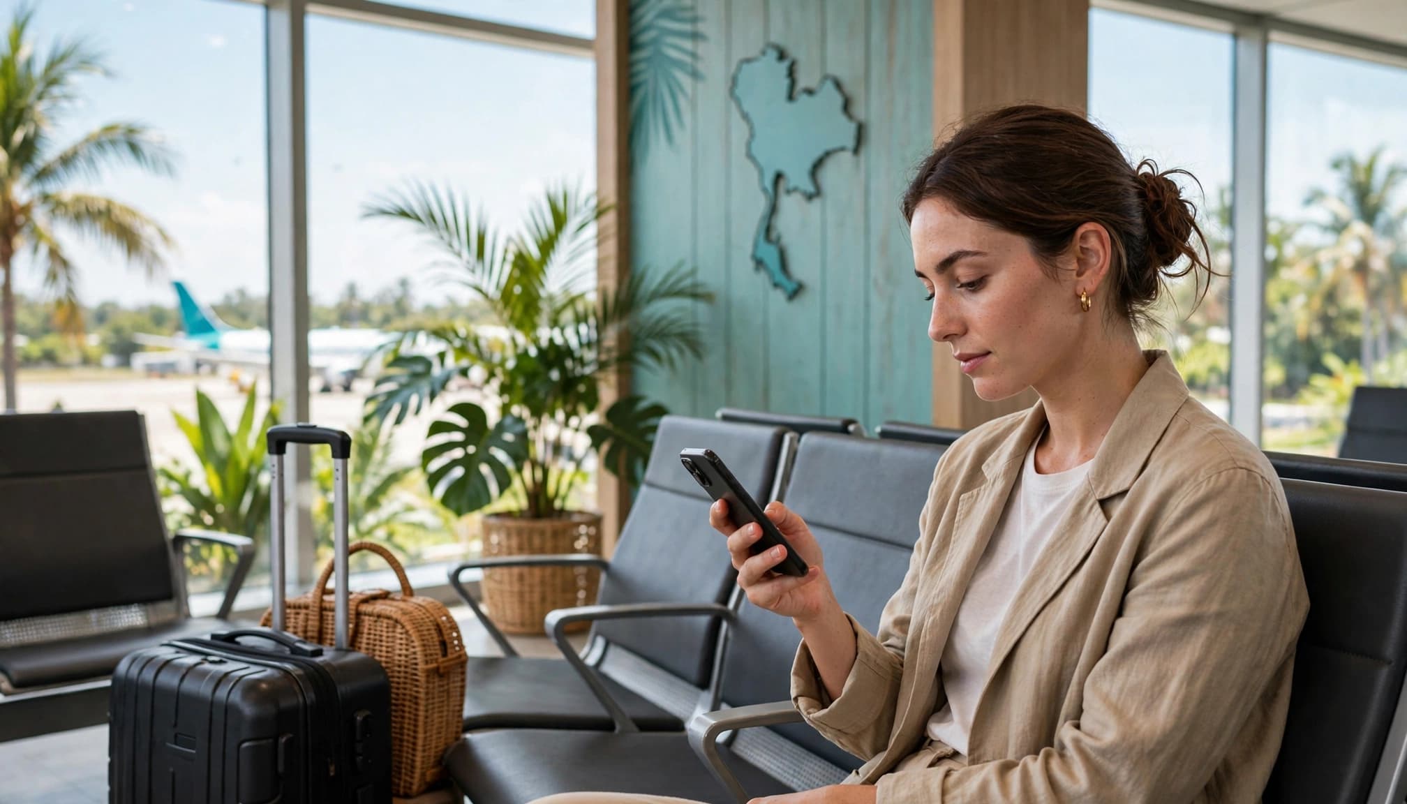 A traveler checks a smartphone beside a carry-on bag in a bright airport seating area.