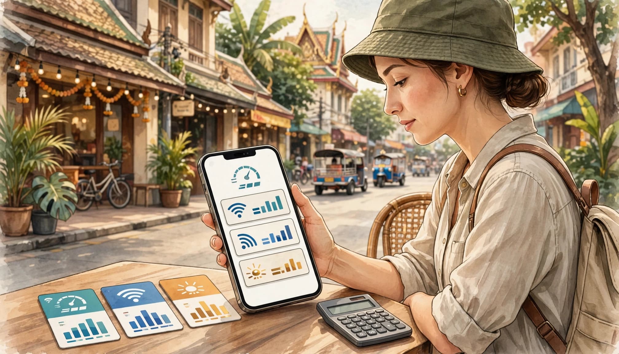 Traveler comparing Thailand eSIM plans on a phone beside a calculator.
