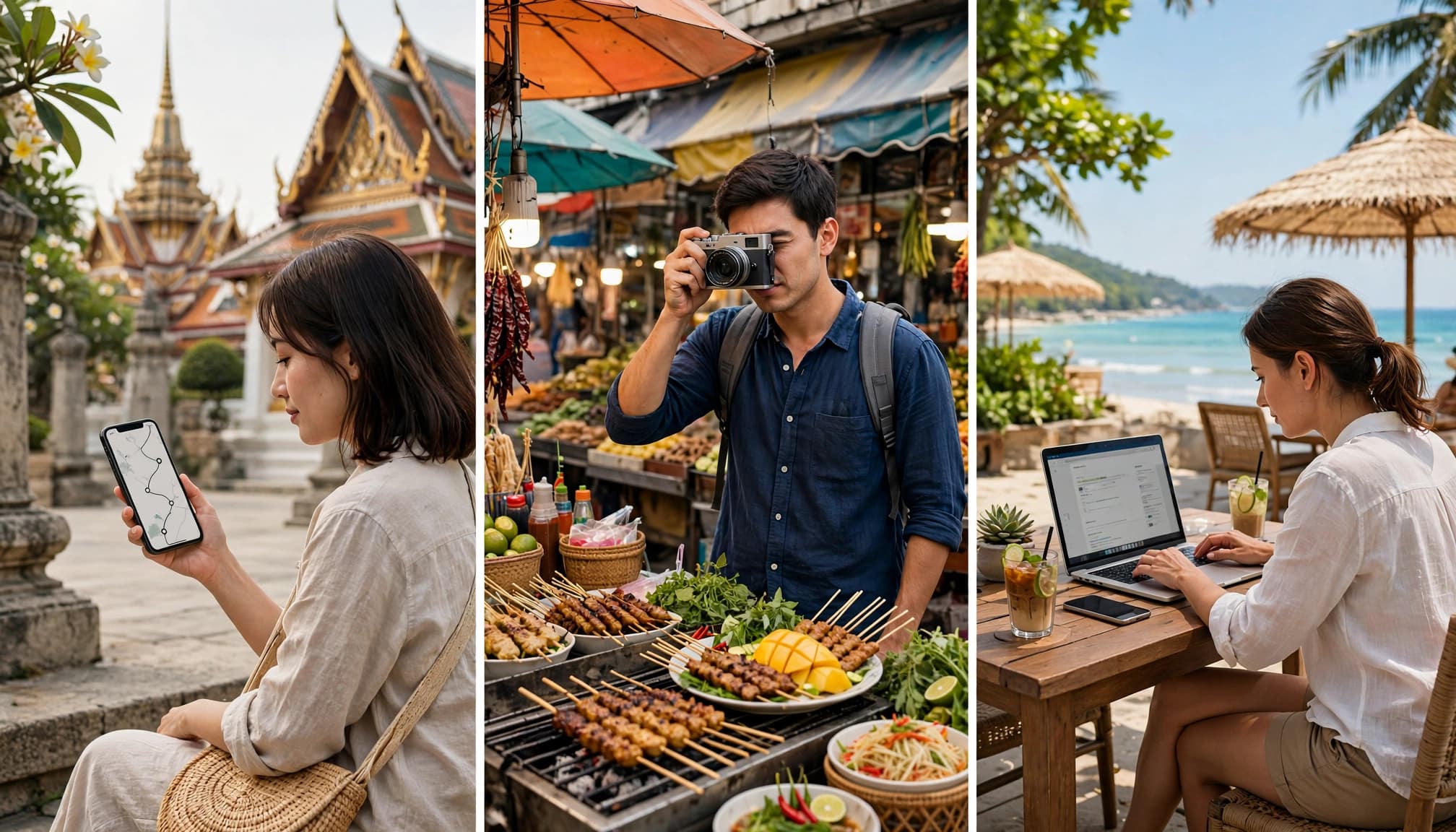 Three Thailand travel scenes show different levels of phone and laptop data use.