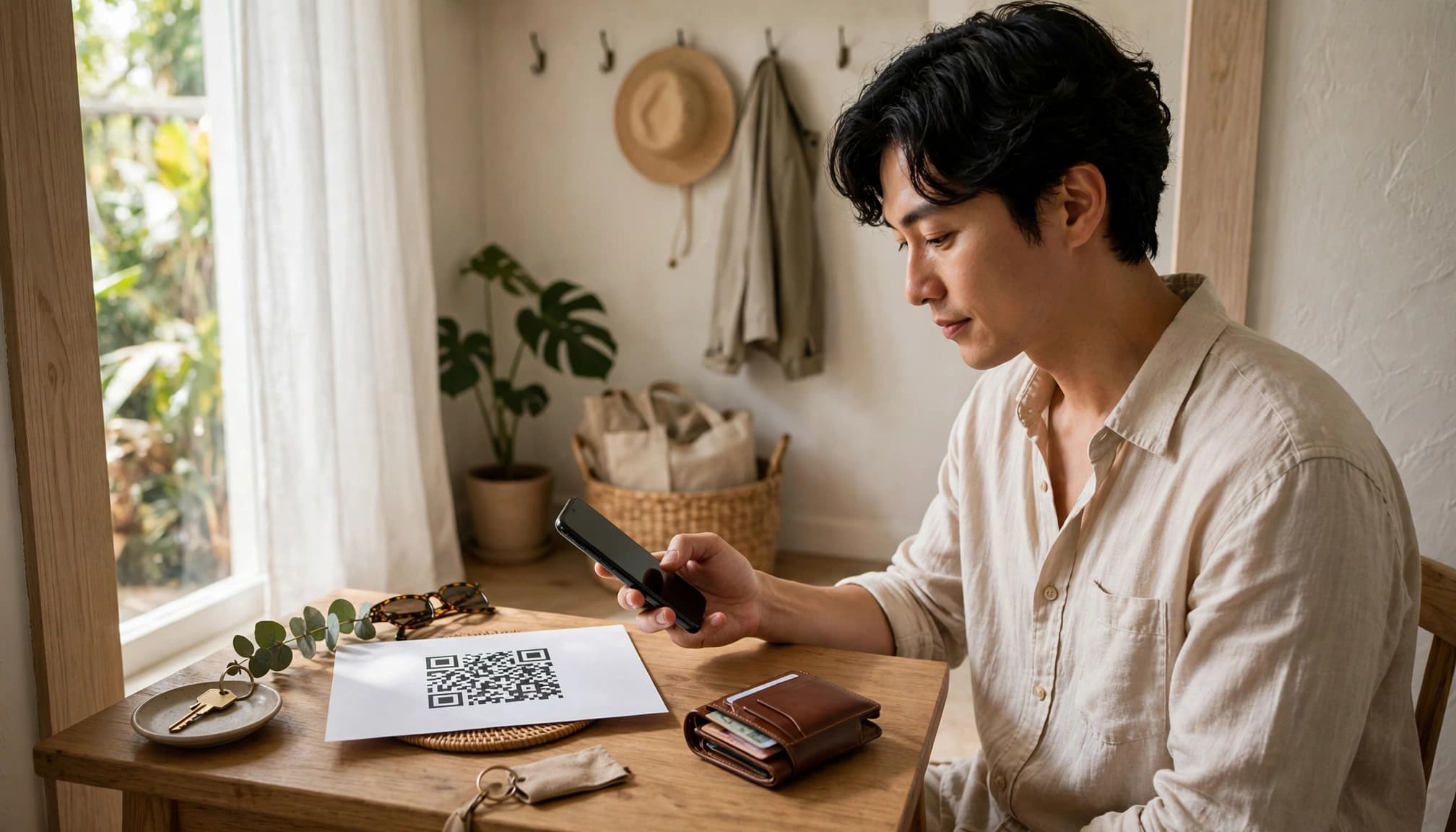 Traveler holding a phone beside an eSIM QR code and travel wallet at home.