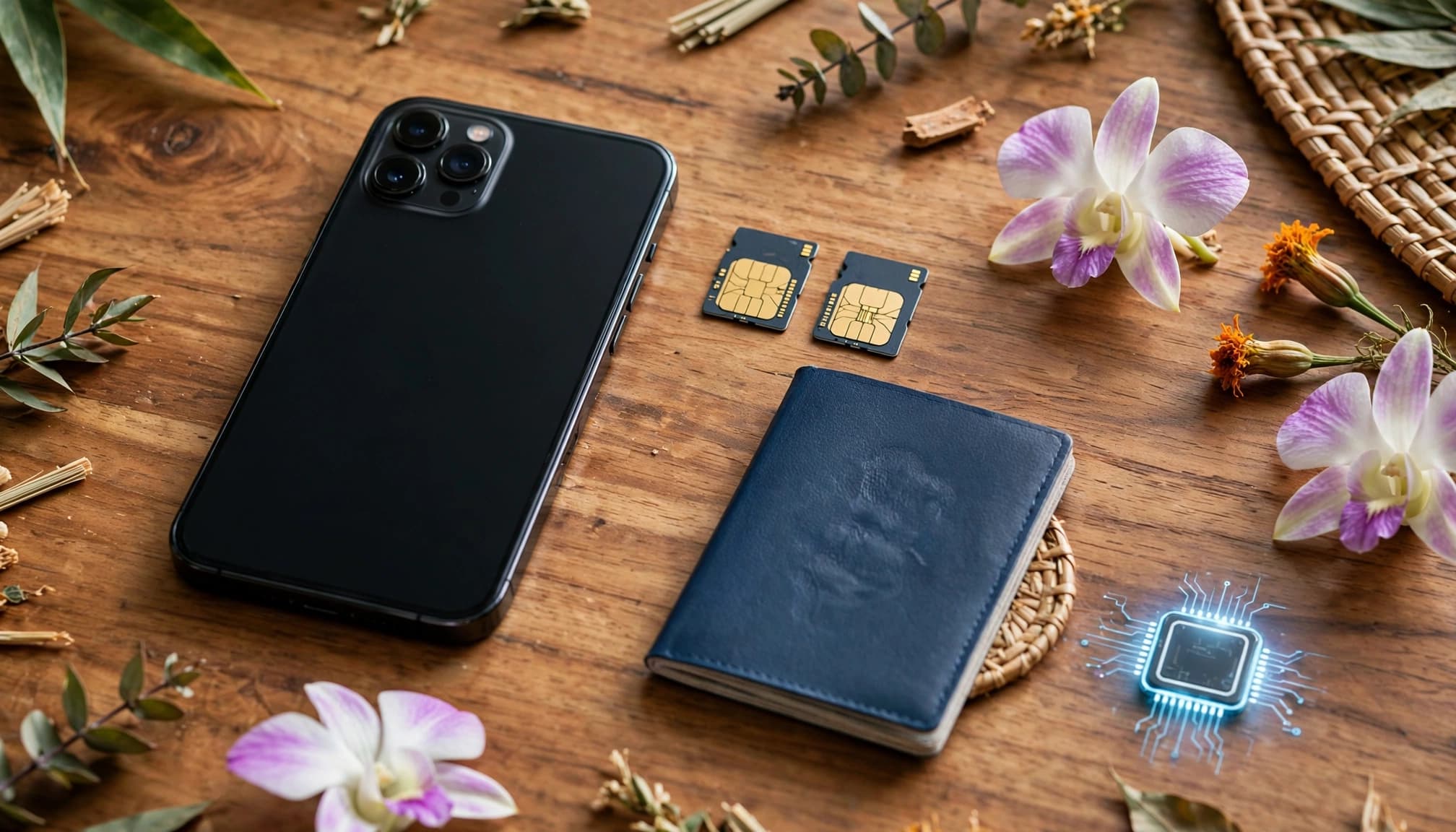 An iPhone beside SIM cards, a passport, and a glowing eSIM symbol on a wooden table.