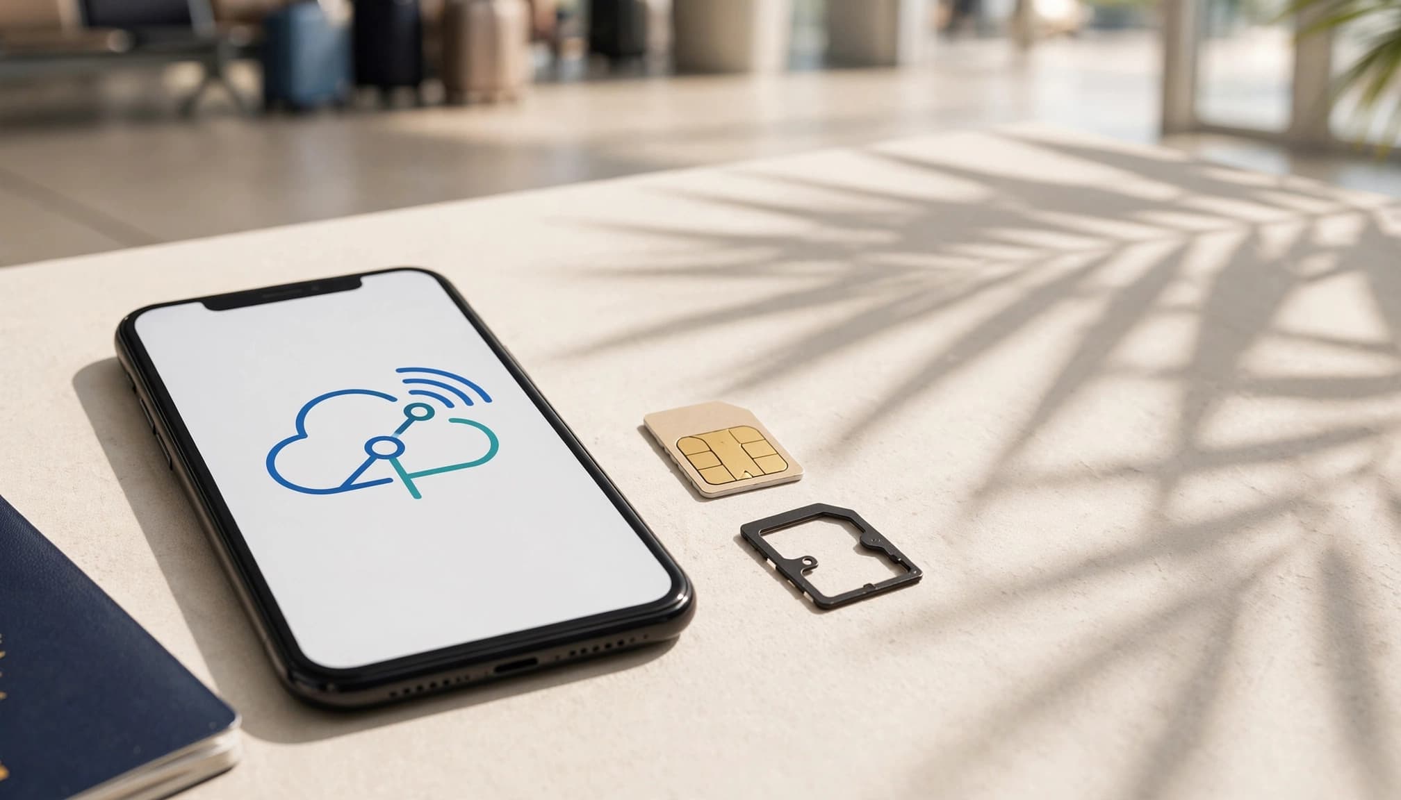 A smartphone, SIM card, and tray arranged beside a passport in a sunny airport scene.