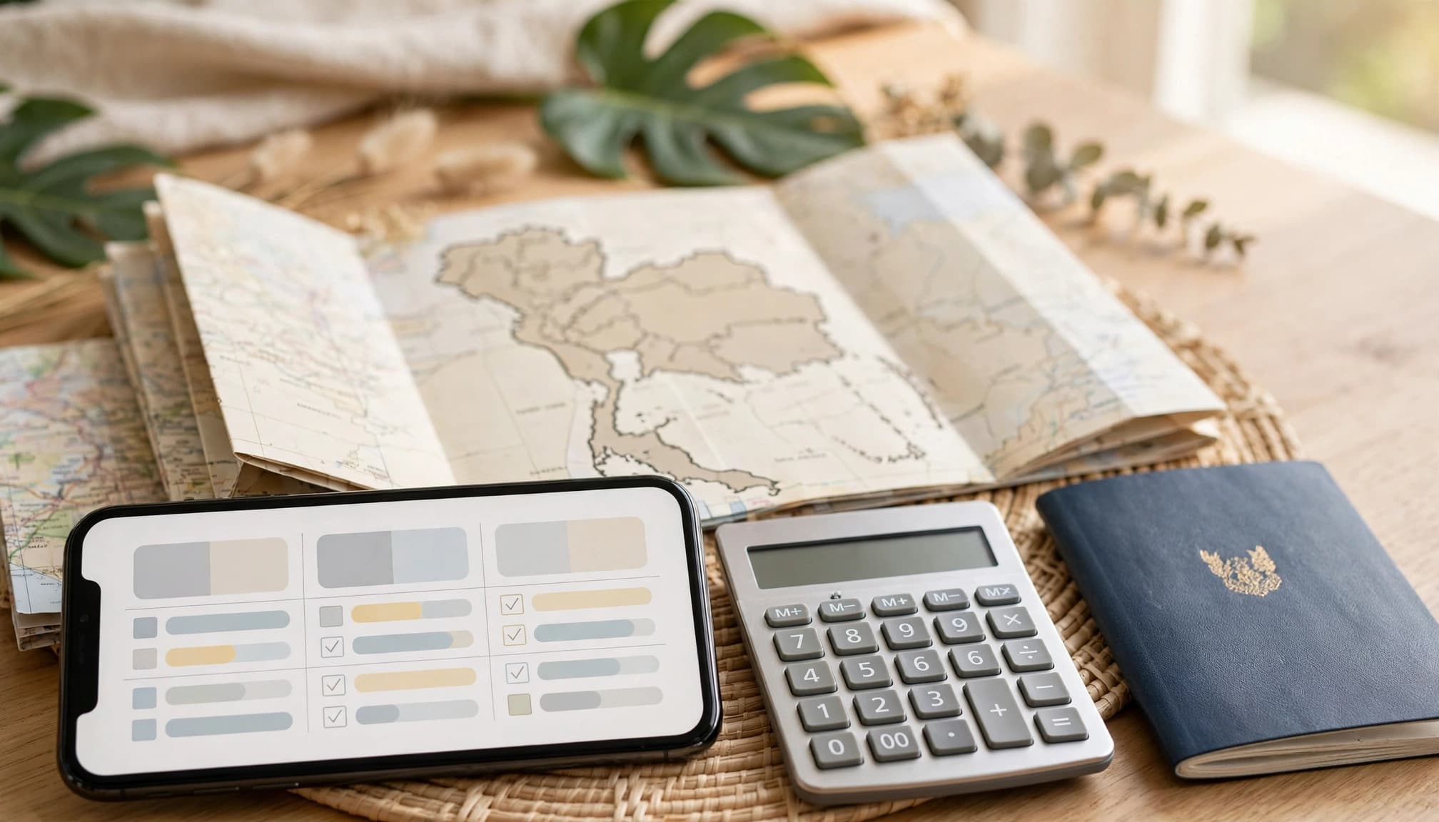 A smartphone, calculator, passport, and folded Thailand map on a sunny hotel table.