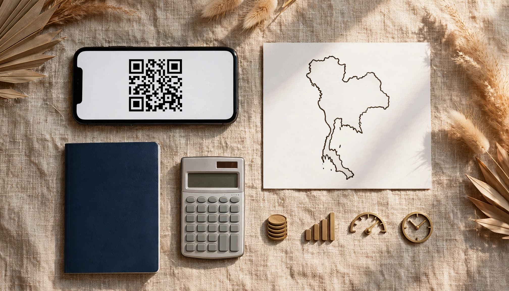 A phone, passport, Thailand map, calculator, and comparison icons arranged on a tabletop.