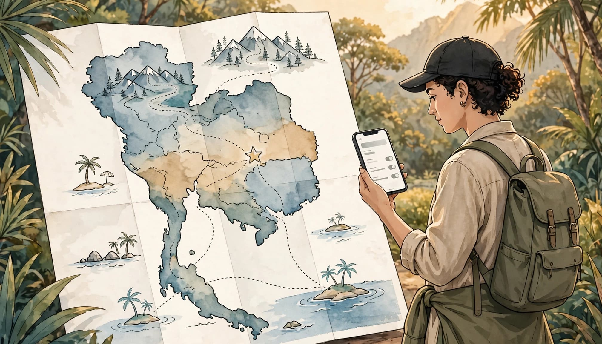 A traveler checks a smartphone beside a map of Thailand destinations.