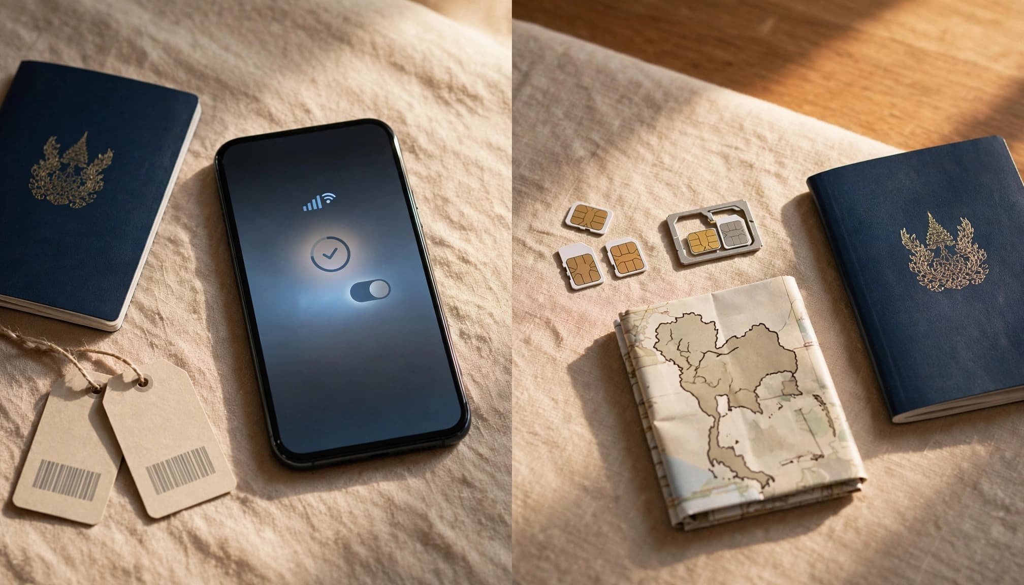 A smartphone, SIM tray, passport, arrival tags, and Thailand map on a hotel table.