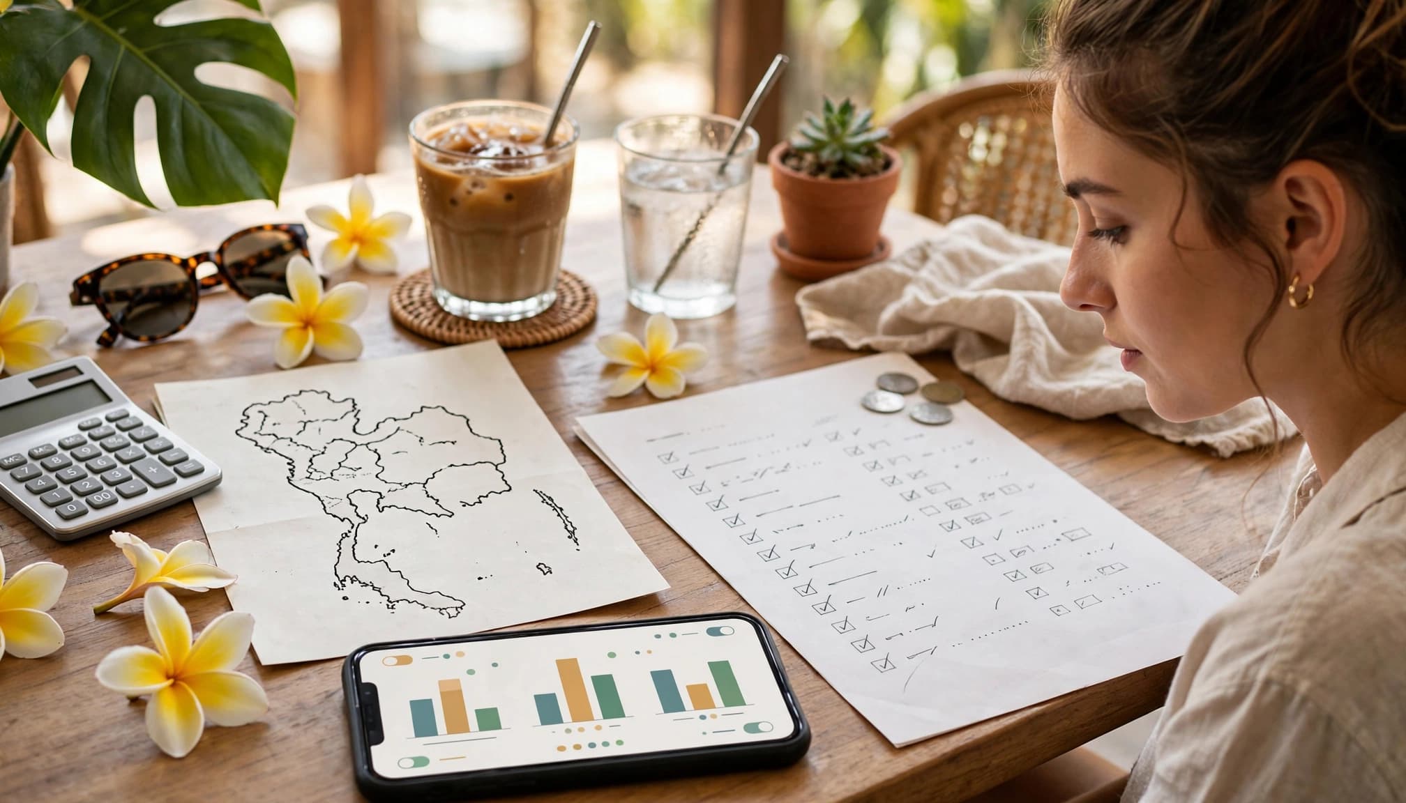 Traveler comparing eSIM plans beside a Thailand map, budget, and calculator.