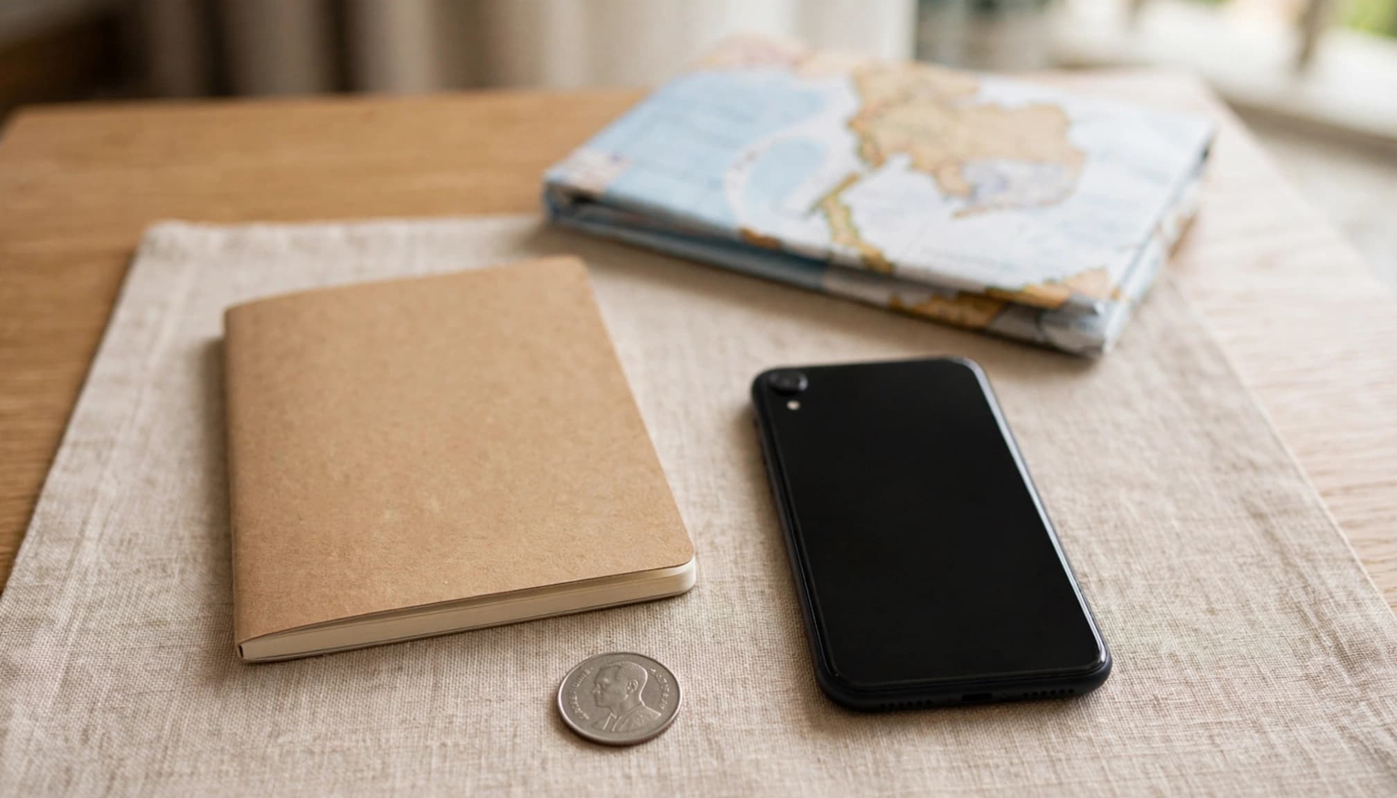 A smartphone, comparison notebook, and Thai baht coin on a hotel table beside a blurred map.