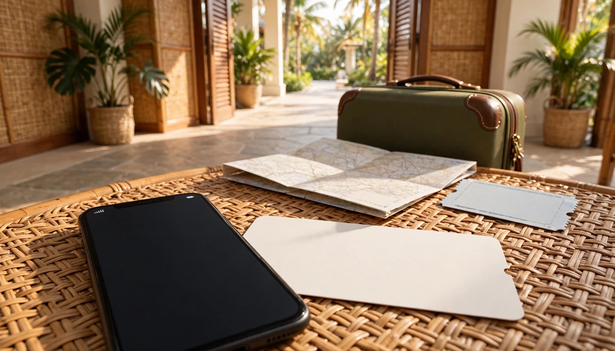A smartphone beside a small suitcase, map, blank travel card, and ferry ticket in a sunny hotel entryway.