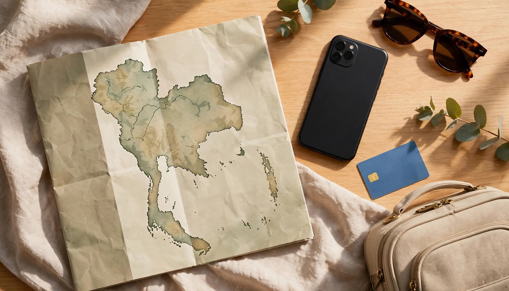 A smartphone, Thailand map, suitcase, sunglasses, and transit card on a bright hotel table.