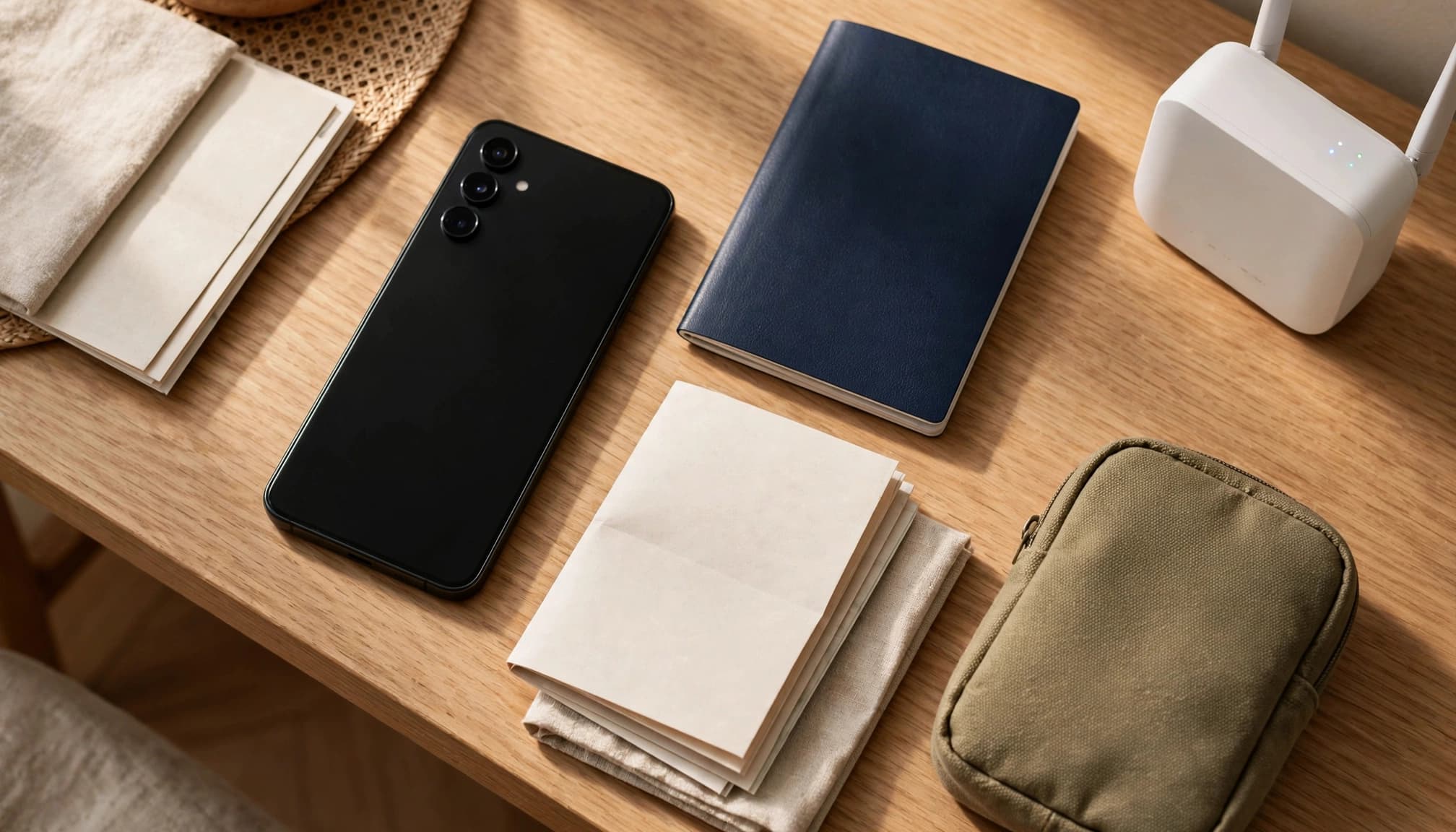A smartphone, passport, travel papers, and pouch arranged on an entryway table.