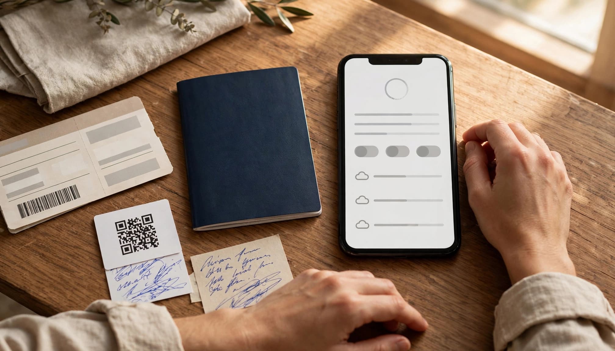 A phone, passport, boarding pass, and QR code card arranged for travel preparation.