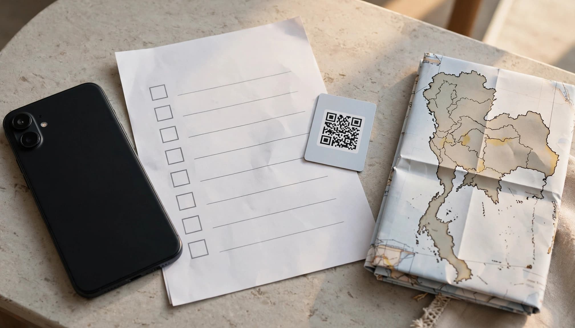 A smartphone beside a travel checklist, eSIM card, and folded map of Thailand.