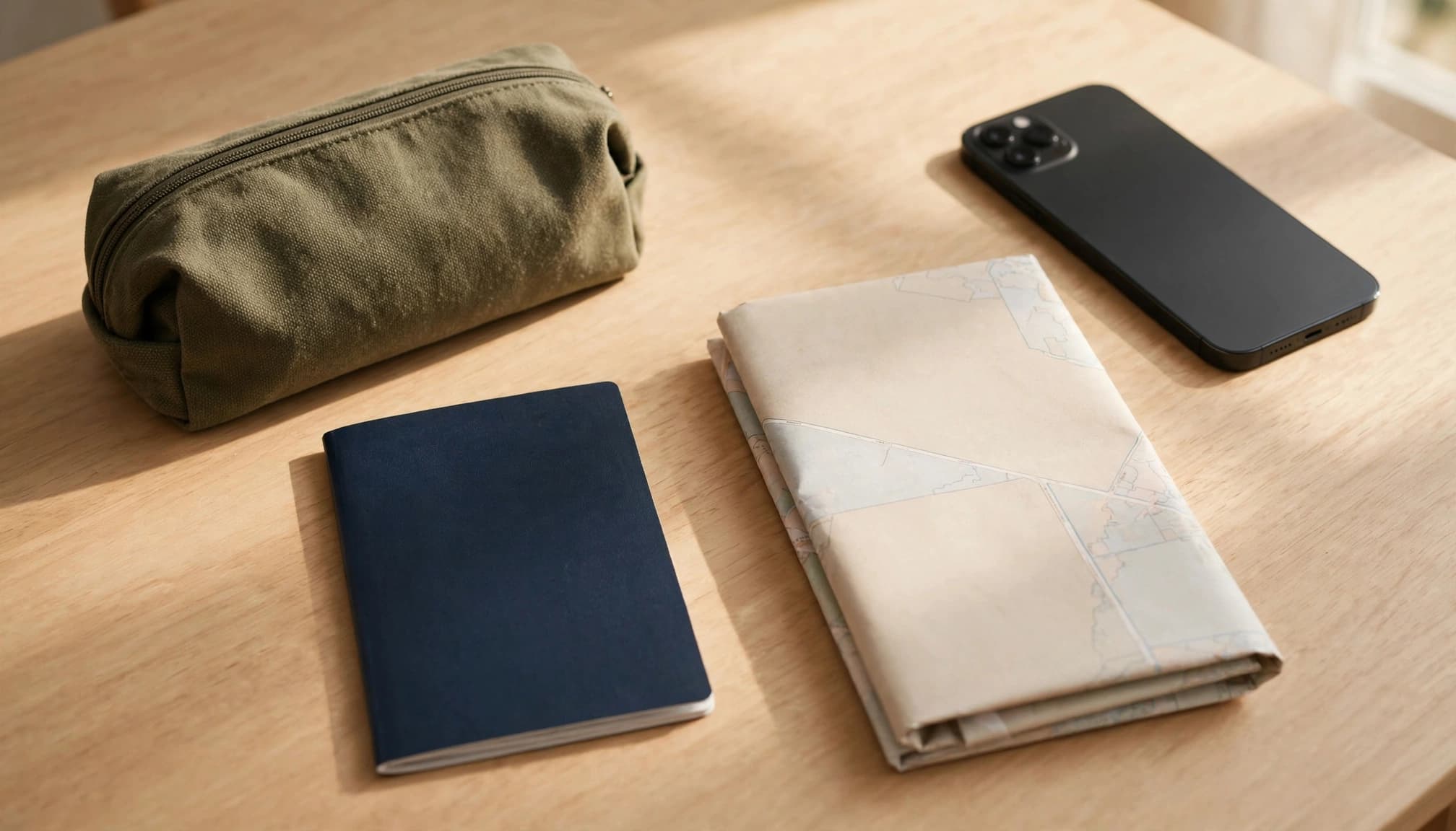 A smartphone, travel pouch, passport, and folded Thailand map on an entryway table.