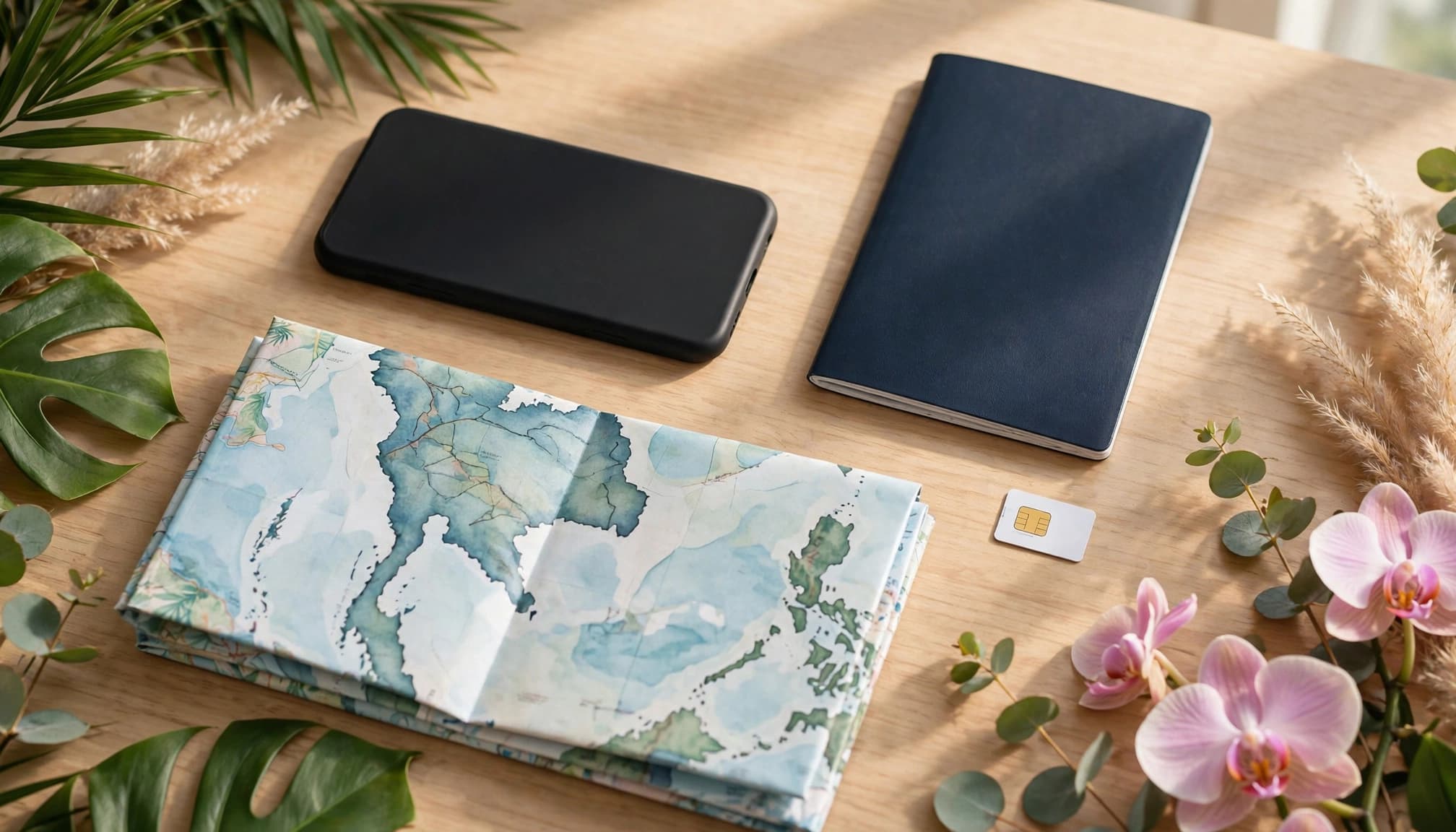 A smartphone, passport, and eSIM card beside a folded tropical travel map.