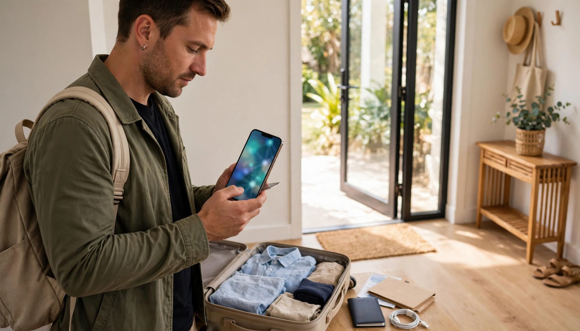 Traveler holding a phone beside an open suitcase with travel documents nearby.